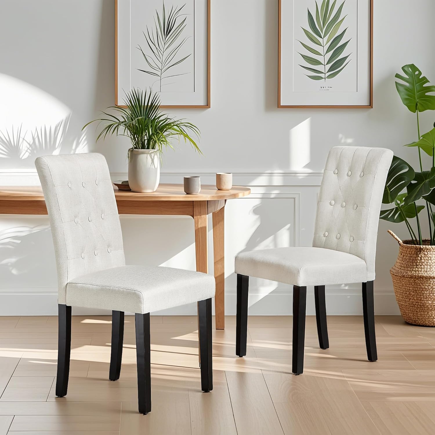 VECELO Upholstered Dining Chairs Set of 2 Button Tufted Back, Padded Seat, Wood Legs with Rubber Footpads - VECELO