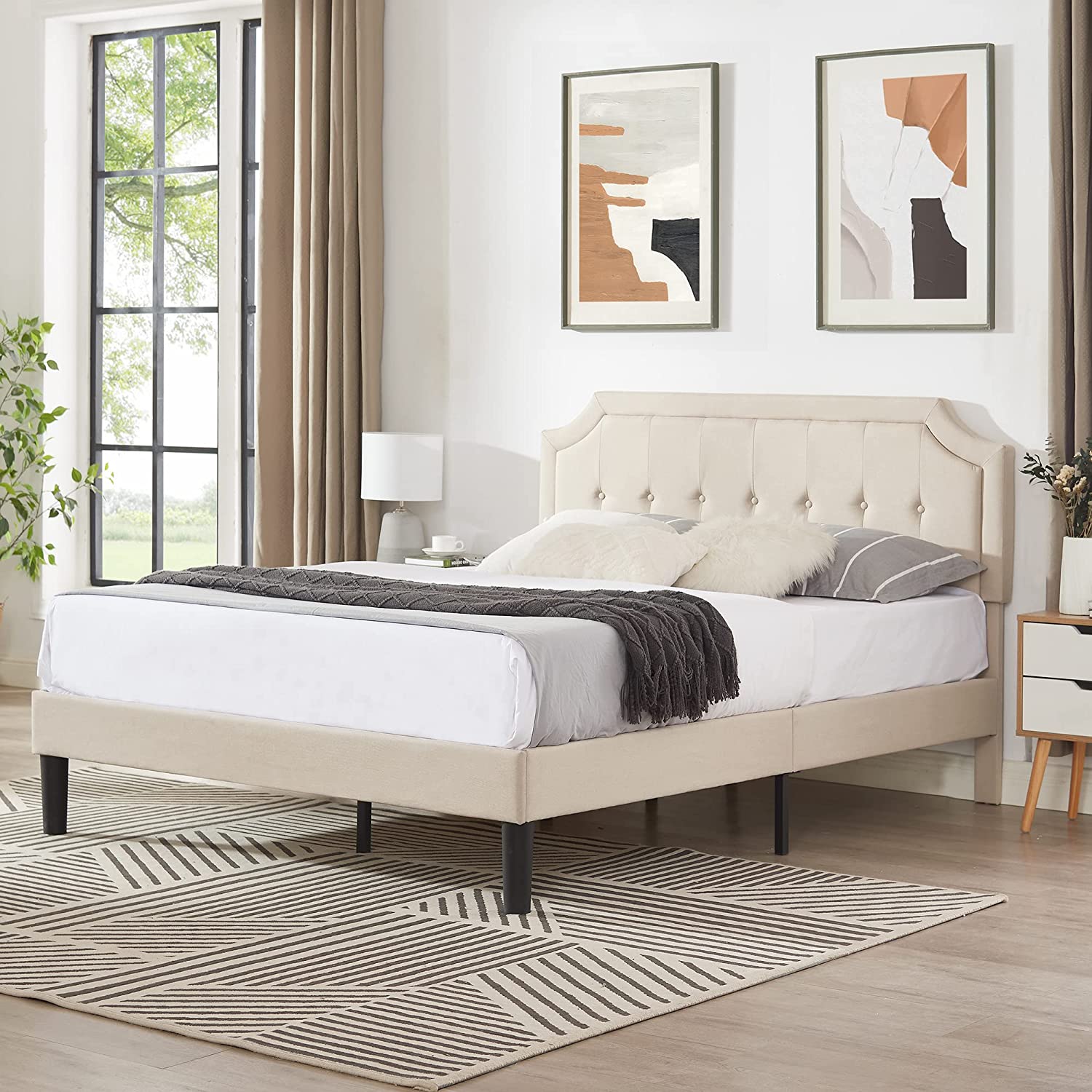 VECELO Premium Upholstered Platform Bed Diamond Stitched Panel Headboard - VECELO