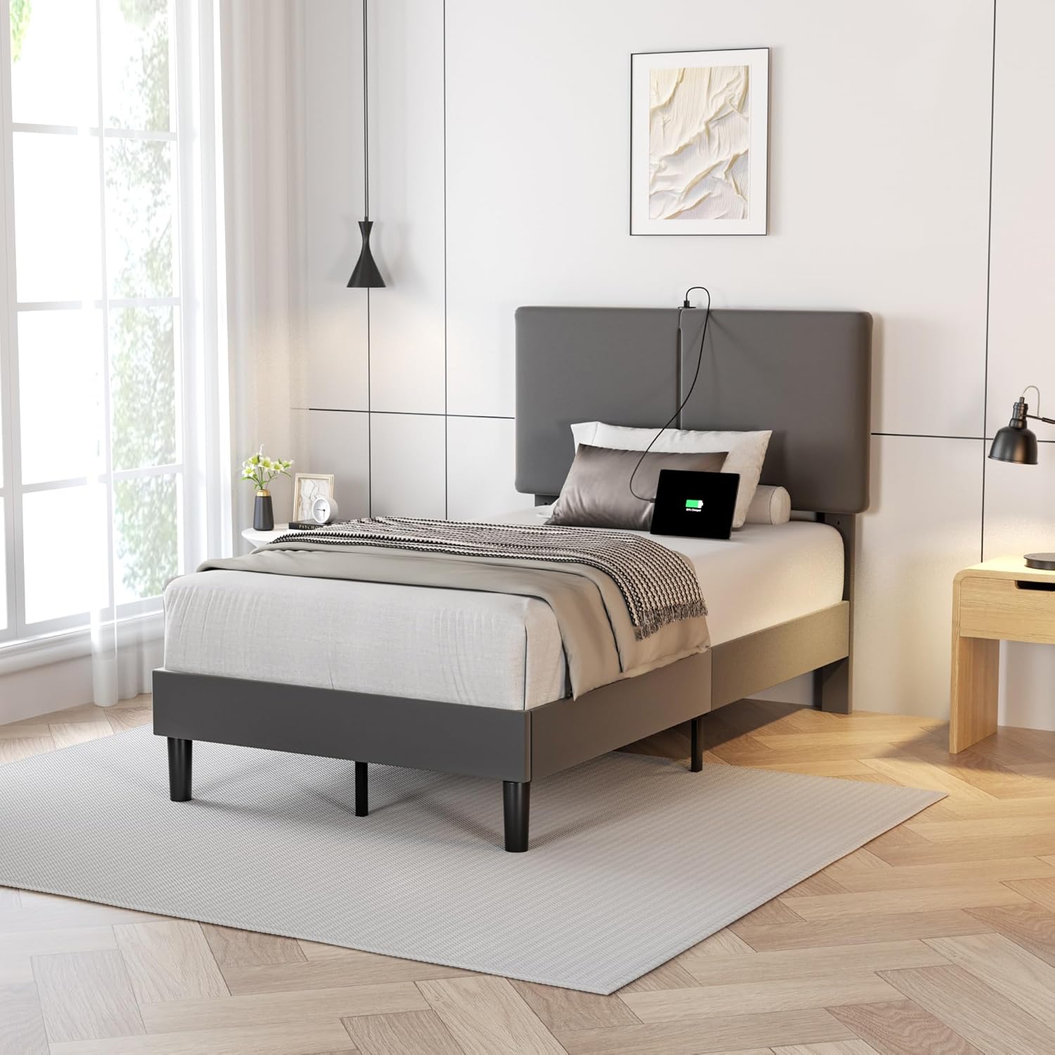 VECELO Twin/Full/Queen Bed Frame Upholstered Platform with Type-C & USB Ports Height-Adjustable Cotton and Linen Headboard - VECELO