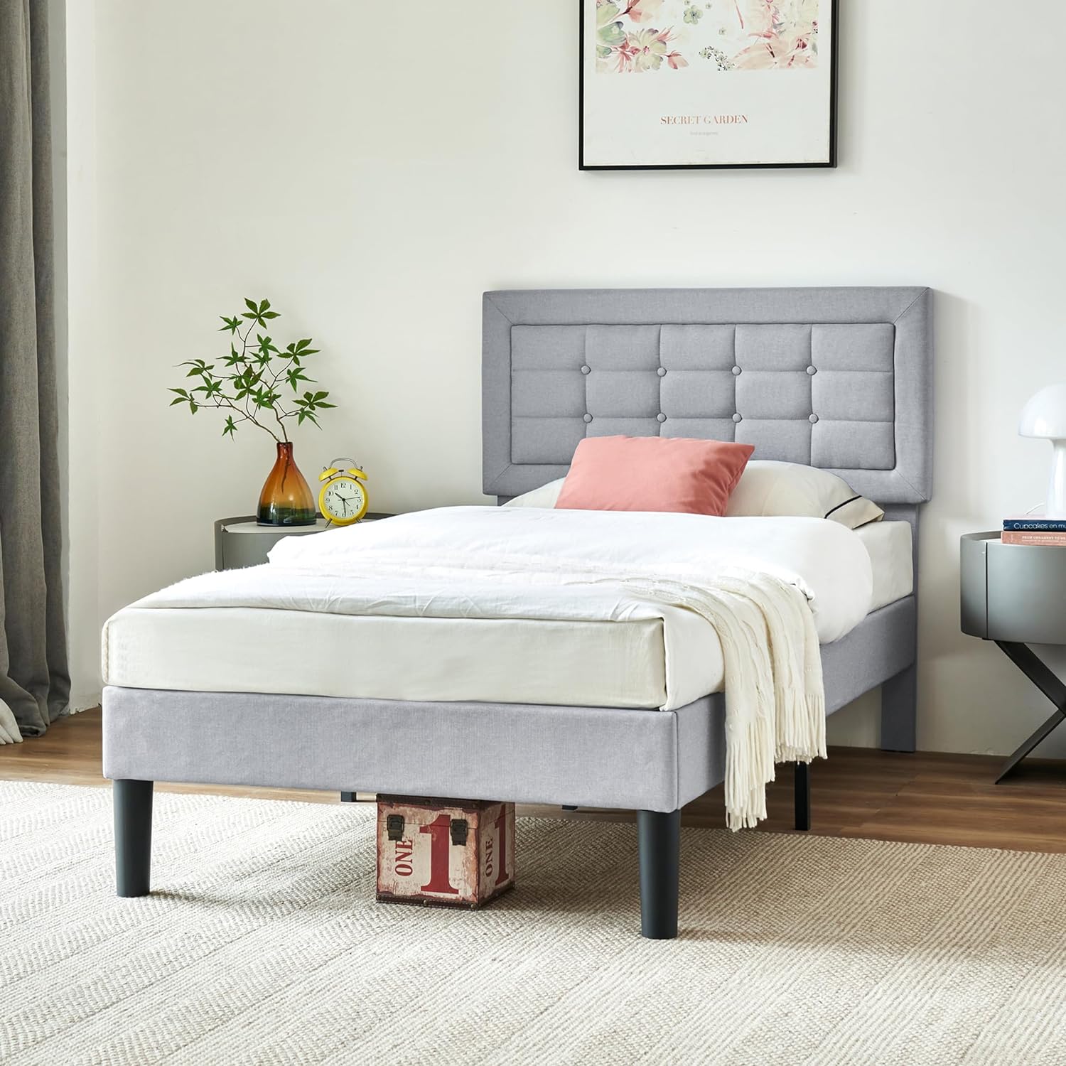 VECELO Upholstered Platform Bed Frame with Height Adjustable Headboard - VECELO