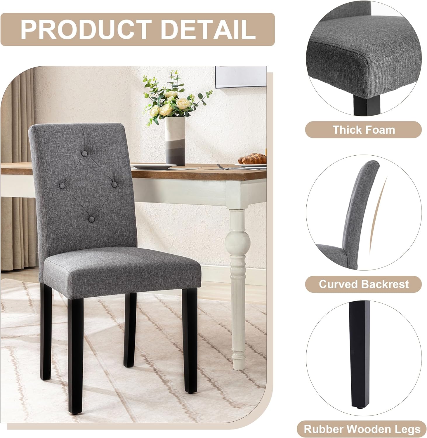 VECELO Upholstered Dining Set of 2 Modern Fabric Dinning Chair with Solid Wood Legs and High Back - VECELO