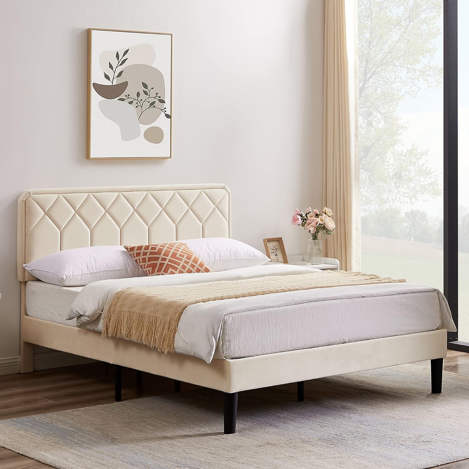 VECELO Premium Leather Upholstered Platform Bed Frame - VECELO
