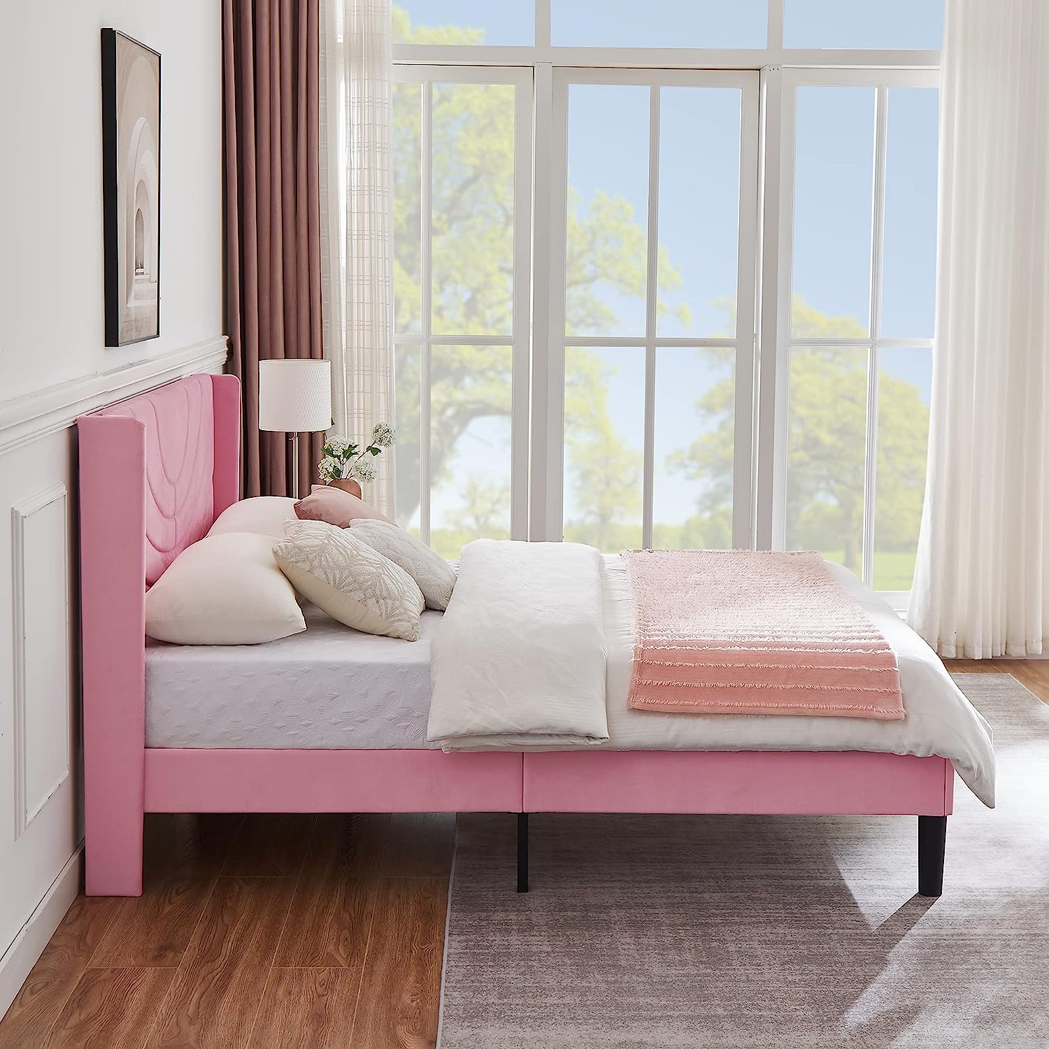 VECELO Upholstered Platform Bed Frame with Adjustable Fabric Headboard - VECELO