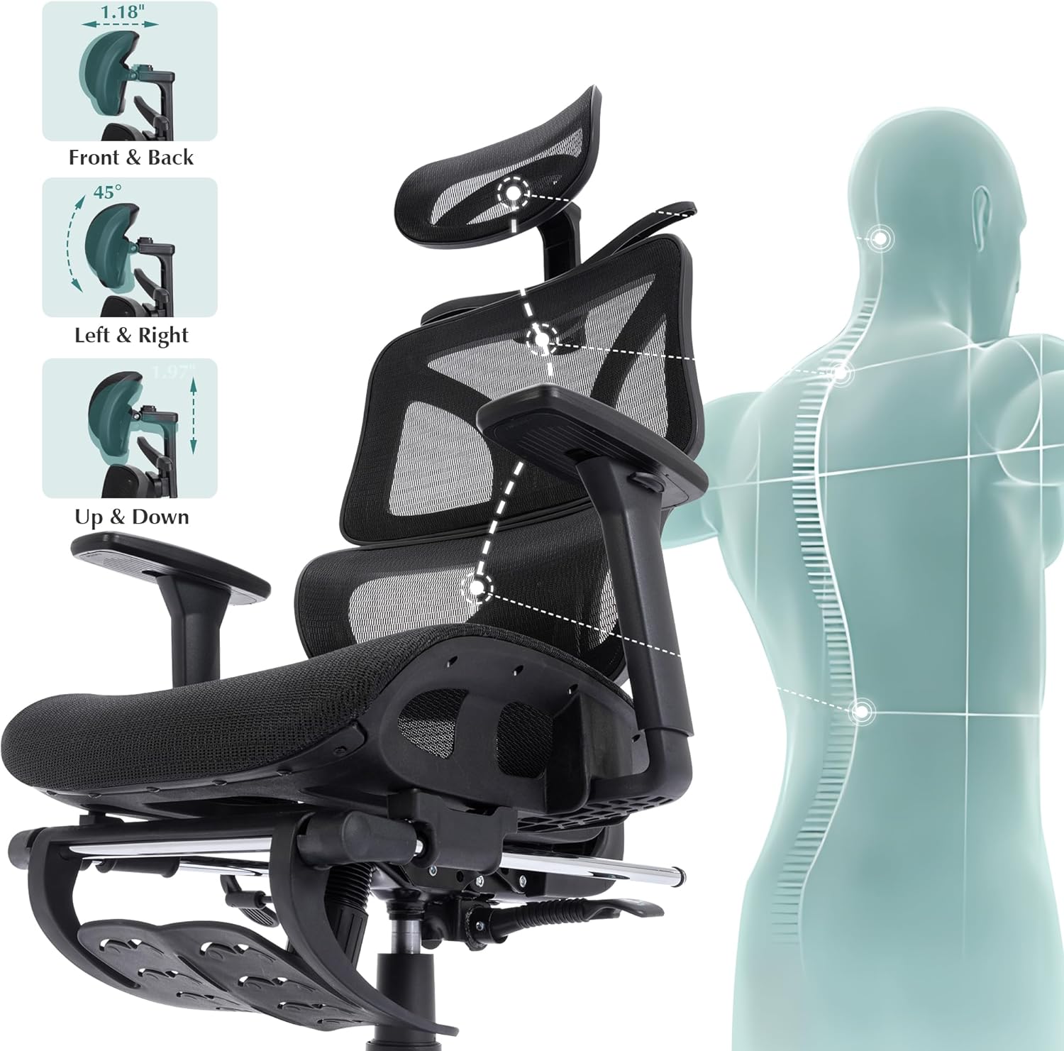 VECELO Swivel Ergonomic High Back Mesh Office Chair with Retractable Footrest - VECELO
