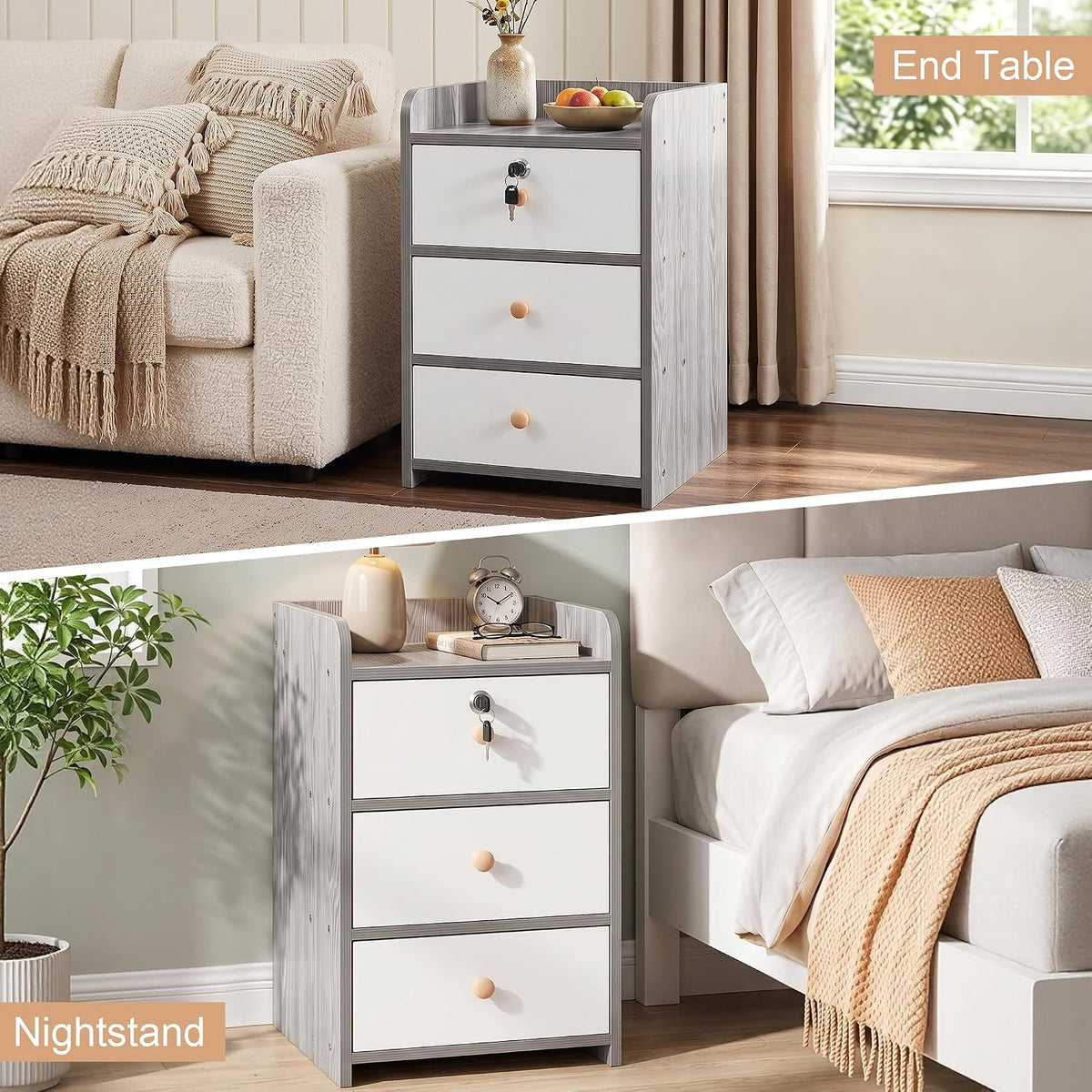 VECELO Nightstand with 3 Drawers Farmhouse End Table with Storage Bedside Night Stand for Bedroom Living Room