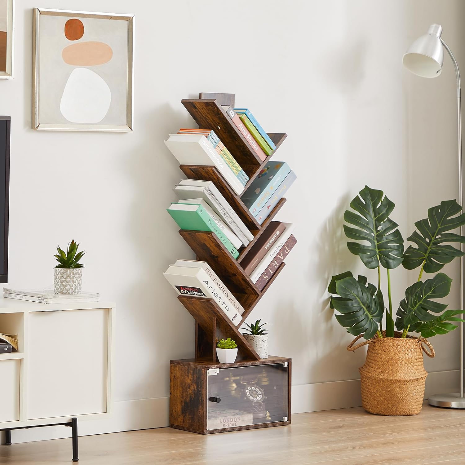 VECELO Tree Bookshelf, 7-Tier Tree Bookcase Wood Shelves Display with Storage Cabinet - VECELO