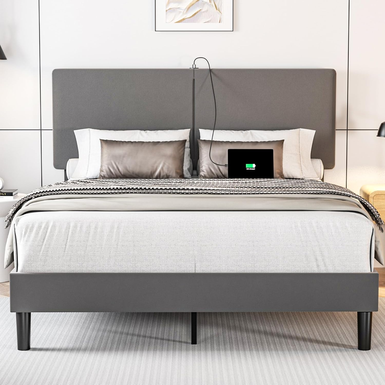 VECELO Twin/Full/Queen Bed Frame Upholstered Platform with Type-C & USB Ports Height-Adjustable Cotton and Linen Headboard - VECELO