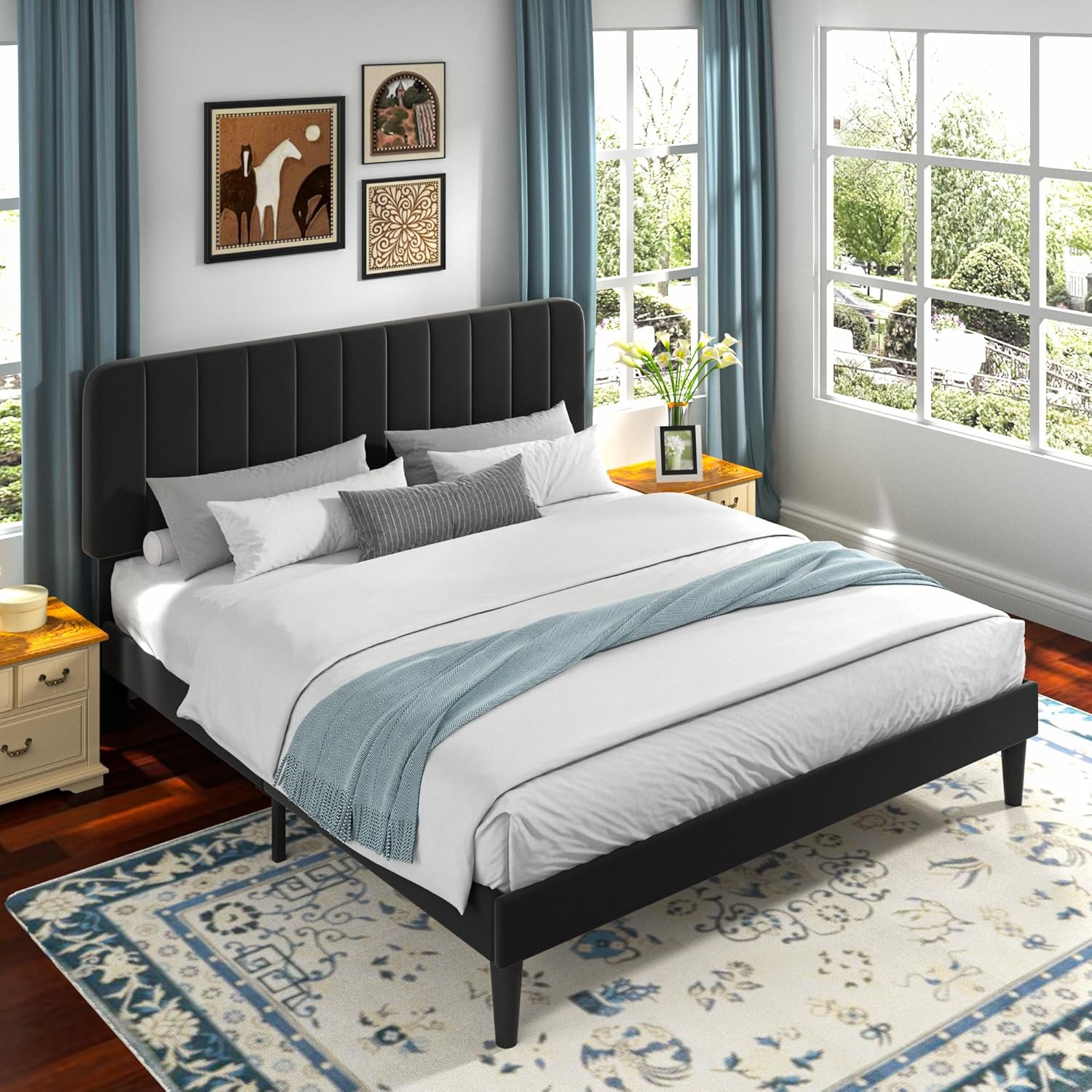 VECELO Upholstered Platform bedframe with Adjustable Headboard - VECELO
