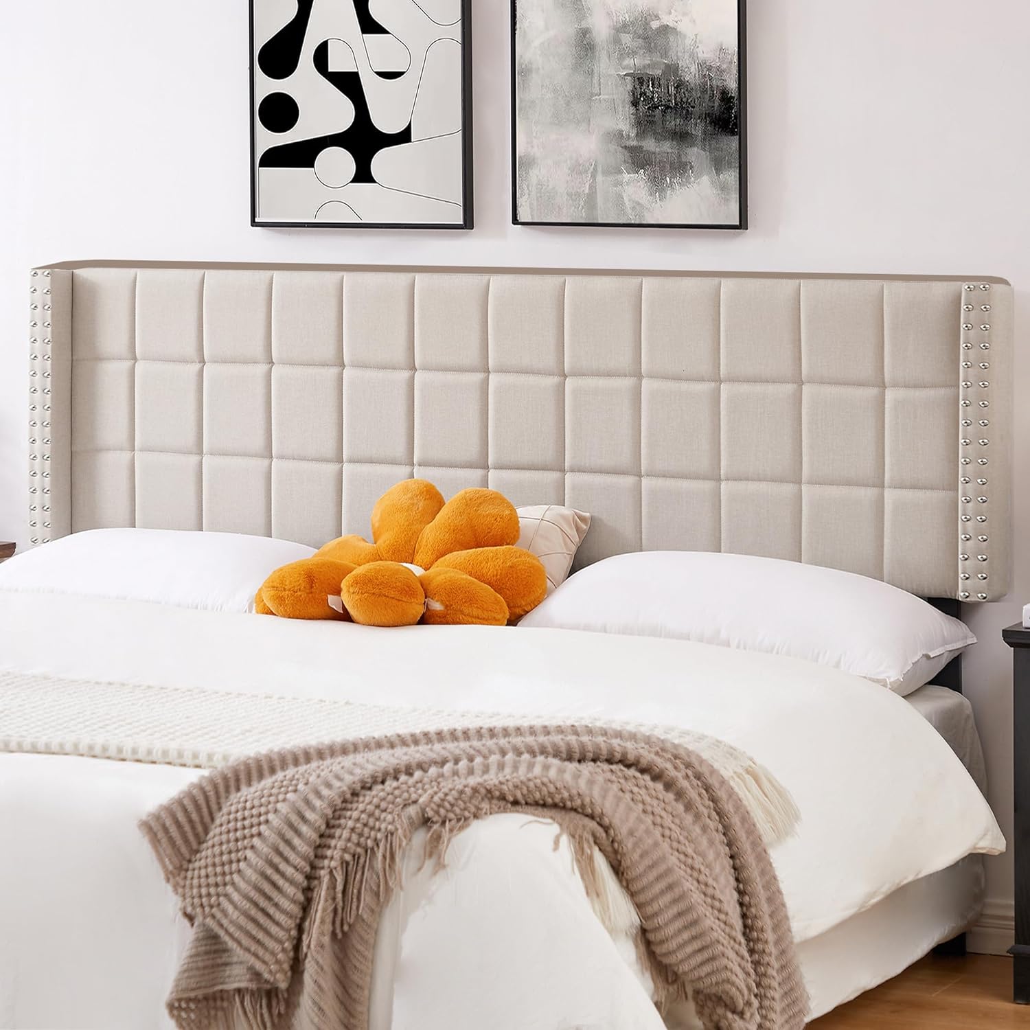 VECELO Linen Upholstered Headboard for Queen/King Size Bed, Tufted Nailhead & Double Wingback for Bedroom - VECELO