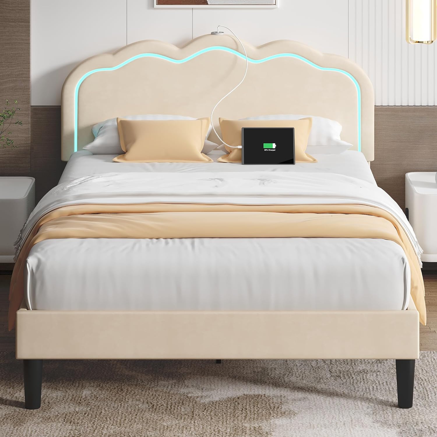 VECELO Upholstered Velvet Platform Bed Frame with Headboard Adjustable, LED Lights, USB-A & Type-C - VECELO