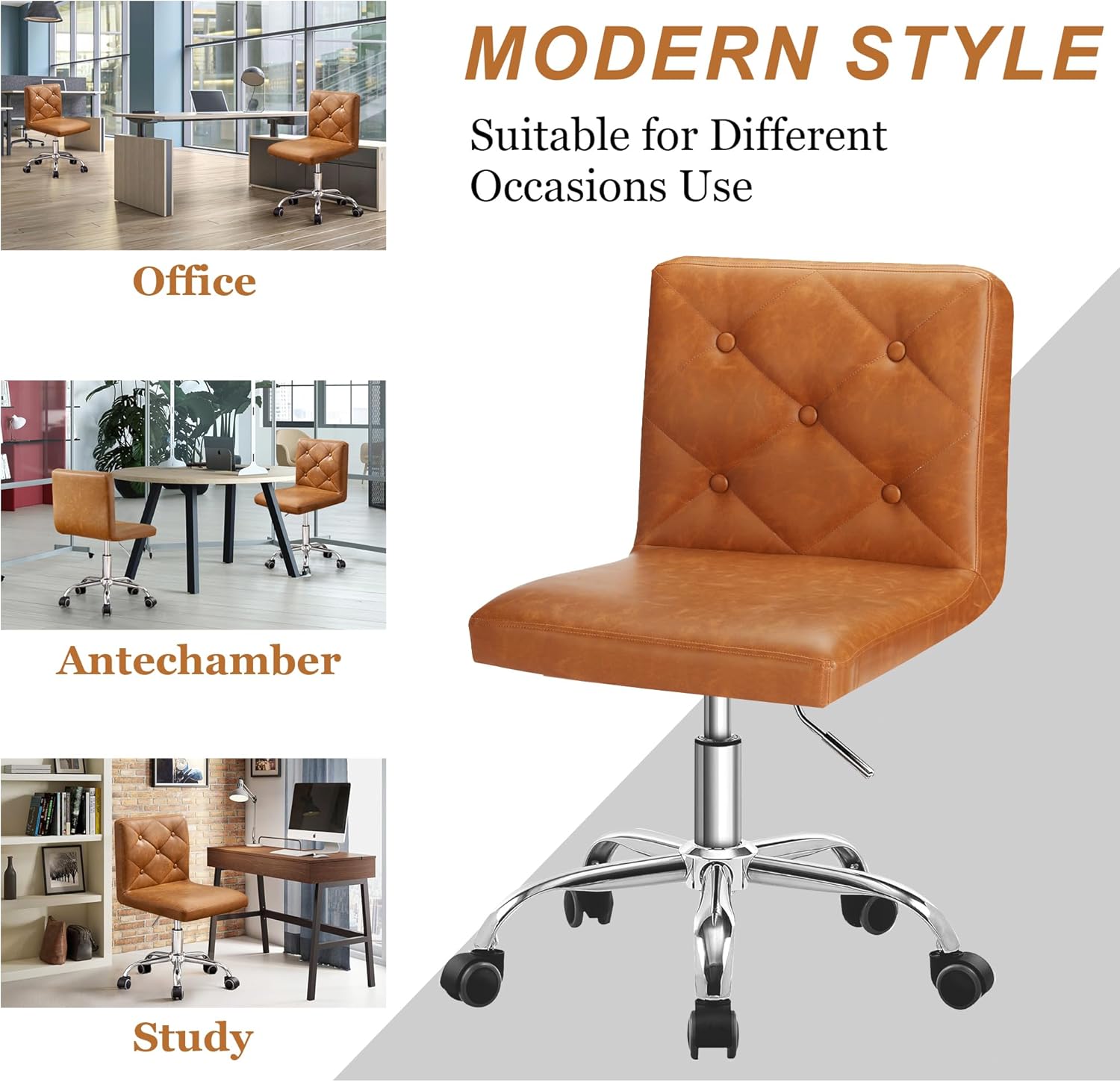 VECELO PU Leather Mid-Back Armless Desk Chair Adjustable Height 360° Rolling Swivel - VECELO