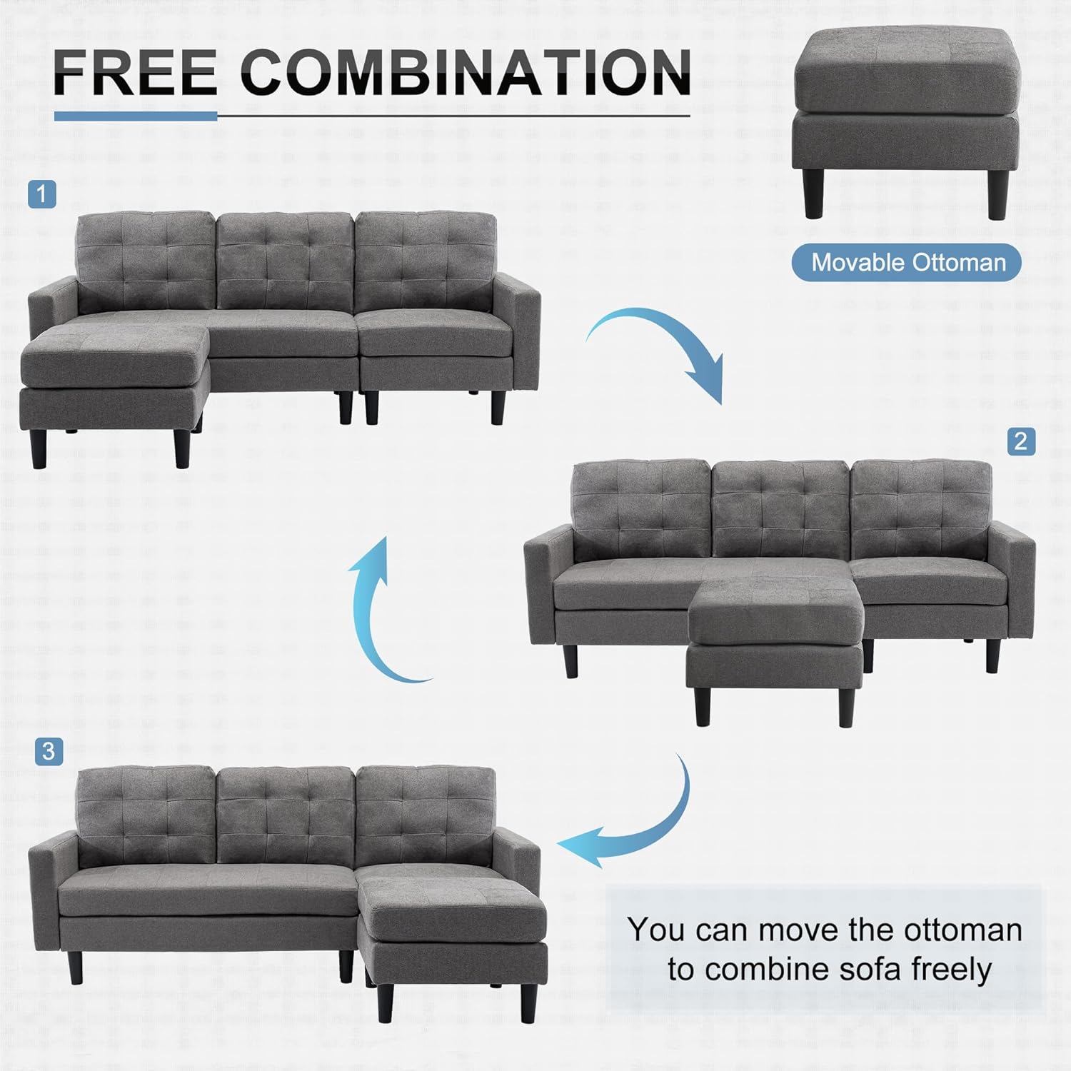 VECELO Convertible Sectional Sofa Modern Linen Fabric L-Shaped Couch with Reversible Chaise - VECELO