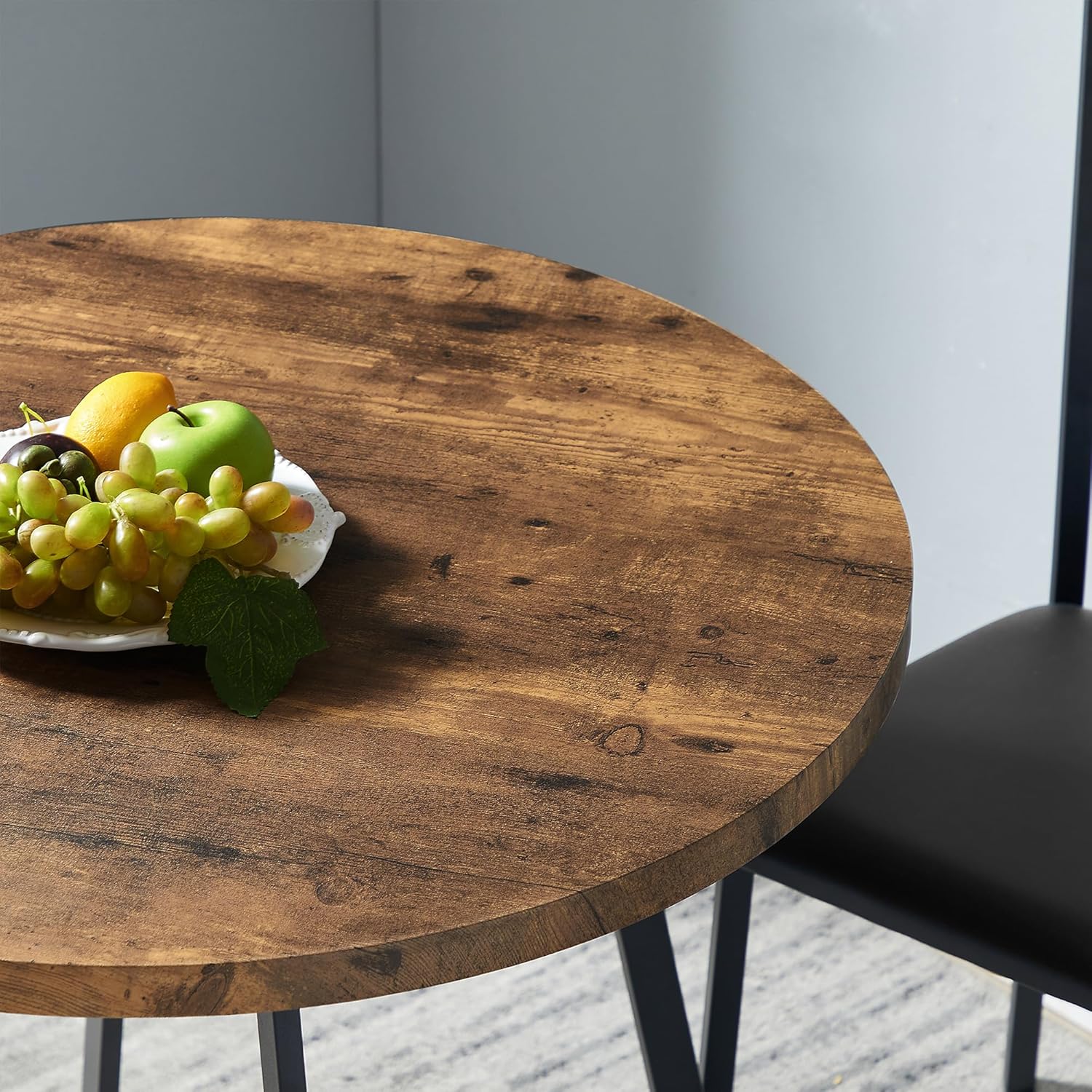 VECELO Round Dining Room Table with Wood Grain Tabletop and Steel Frame - VECELO