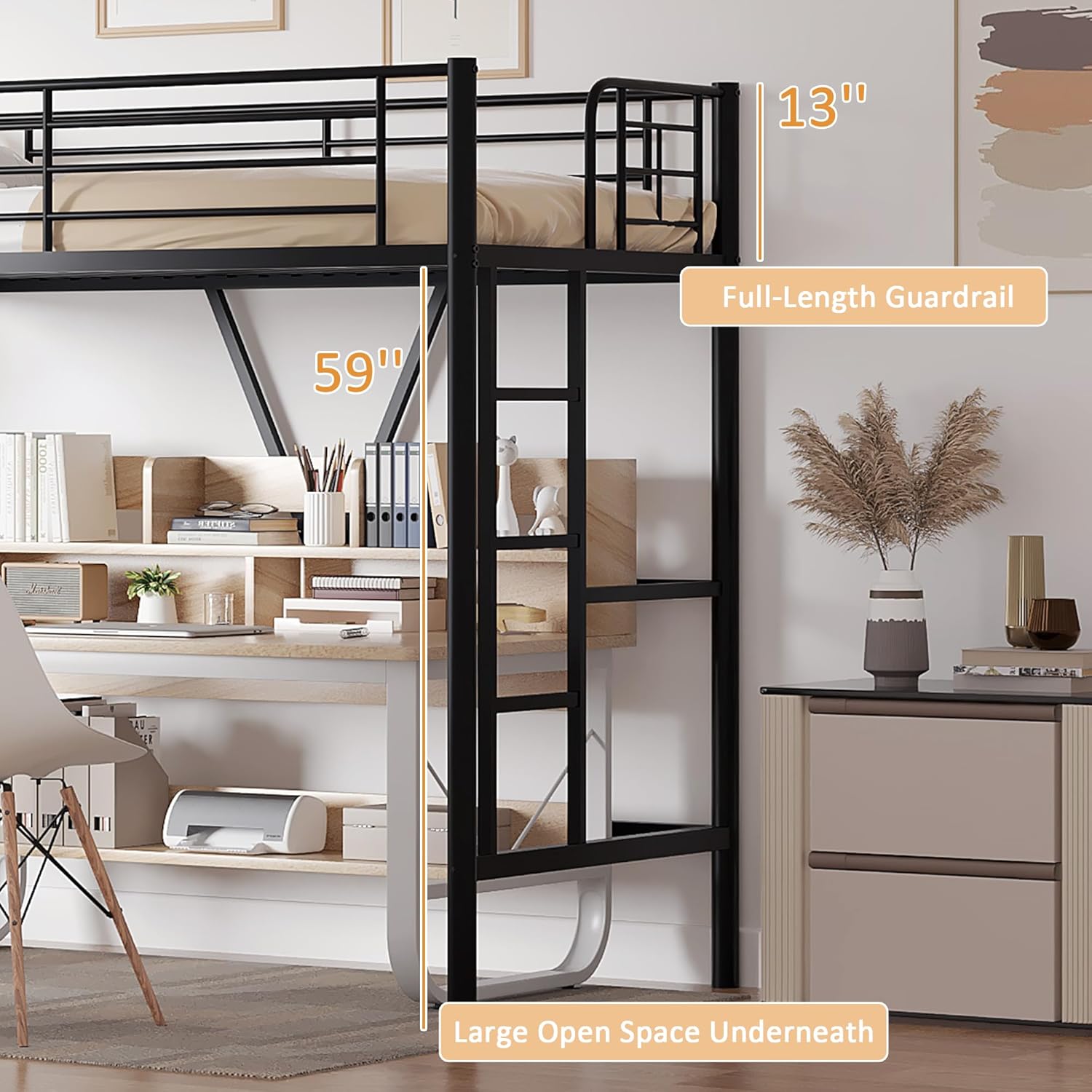 VECELO Metal Loft Bed Twin Size - VECELO