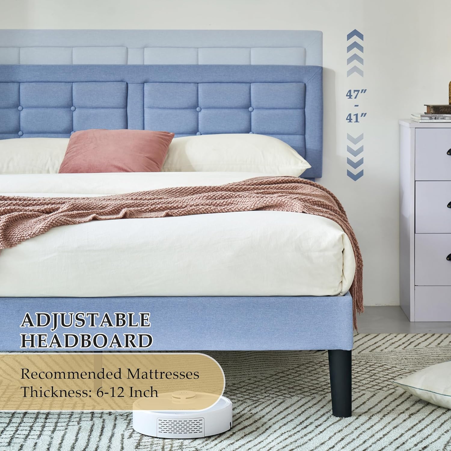 VECELO Upholstered Platform Bed Frame with Height Adjustable Headboard - VECELO