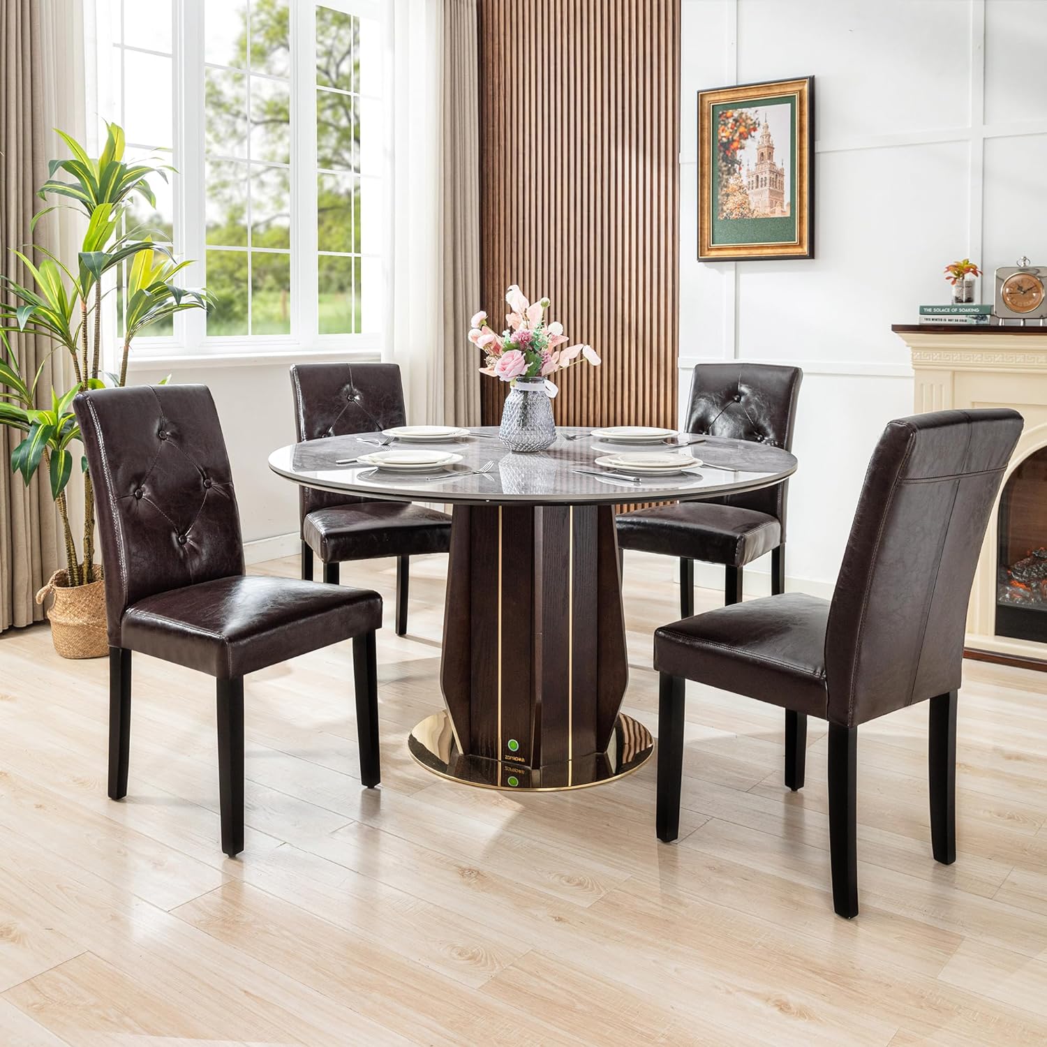 VECELO Upholstered Dining Set of 2 Modern Fabric Dinning Chair with Solid Wood Legs and High Back - VECELO