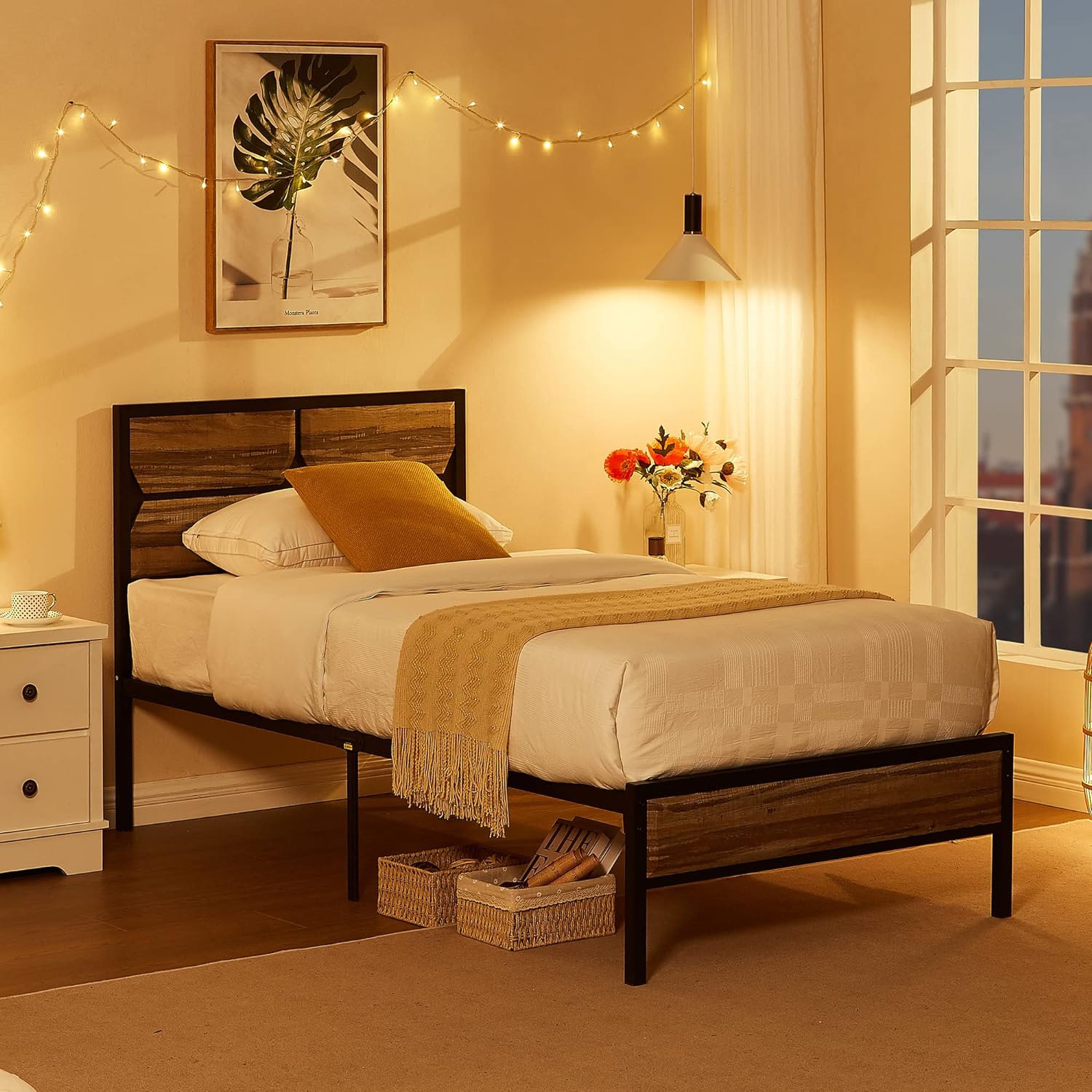 VECELO Metal Bed Frame Platform with Wooden Headboard&Footboard Mattress Foundation - VECELO