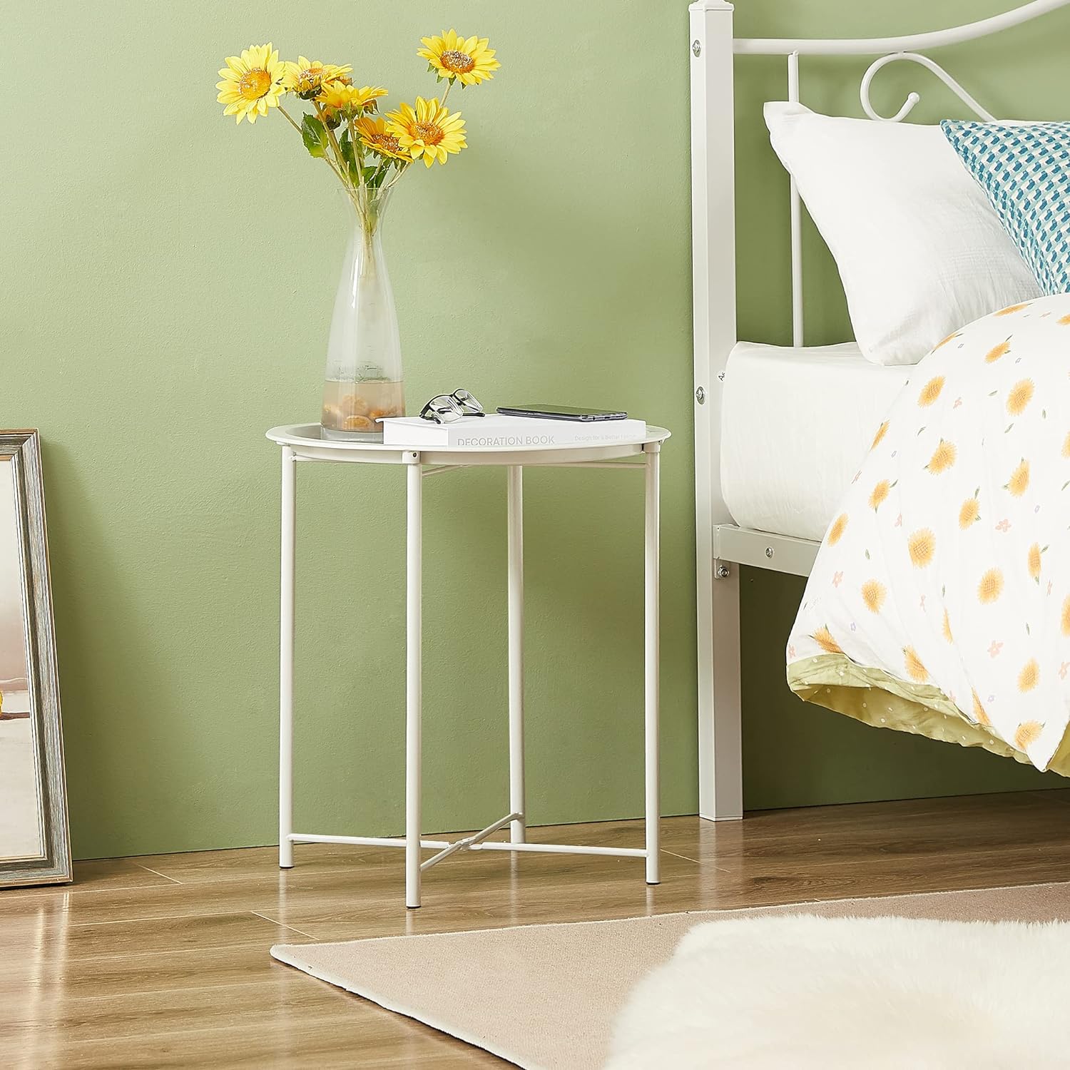 VECELO Metal Round End/Side Table with Removable Tray Small Folding Anti-Rust Nightstand - VECELO