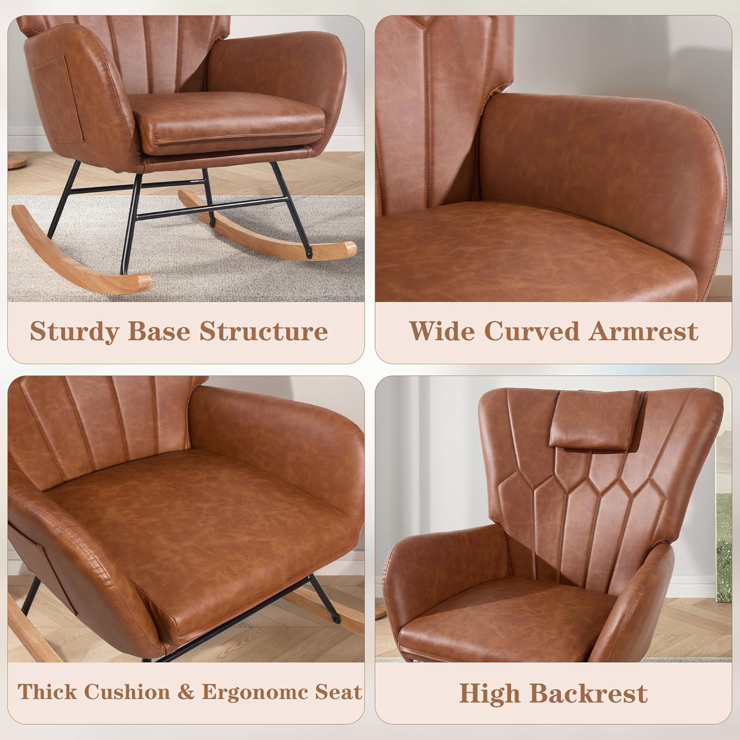 VECELO Rocking Chair Nursery with Thick Headrest, Modern Teddy Upholstered Reading Glider Rocker Accent Armchair with High Backrest - VECELO