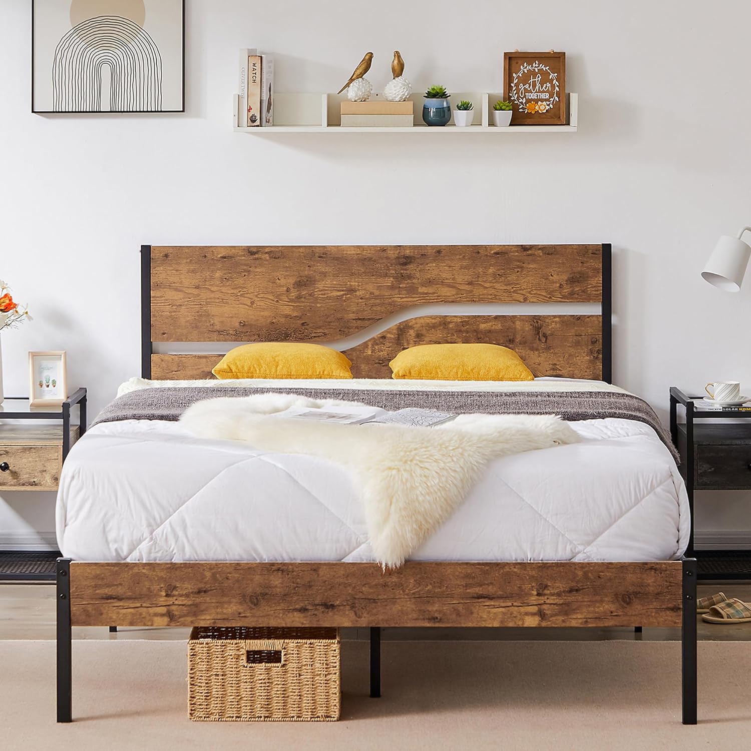 VECELO Platform Bed Frame/Mattress Foundation with Rustic Vintage Wood Headboard - VECELO