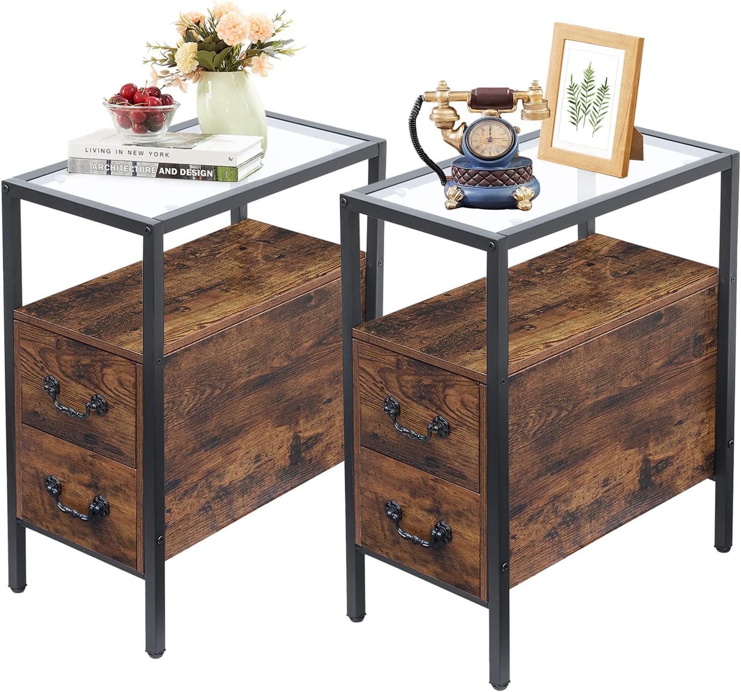 VECELO Narrow End Side Table/Nightstand with 2 Drawers & Open Shelf & Tempered Glass Top - VECELO
