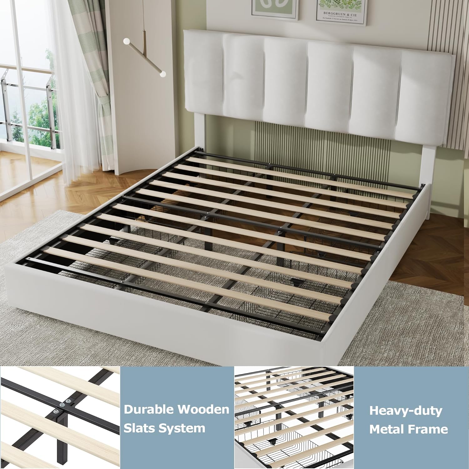 VECELO Upholstered Bed Frame with 4 Storage Drawers and Adjustable Velvet Headboard - VECELO