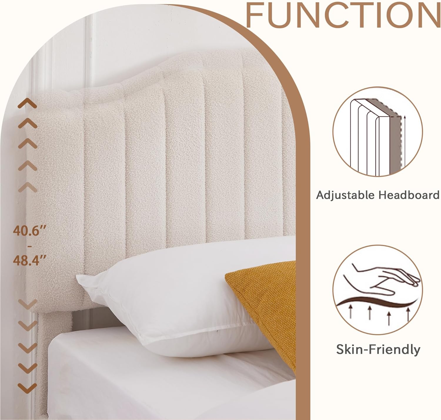 VECELO Upholstered Platform Bed Frame with Sheepskin Fabric Adjustable Headboard/Strong Wood Slats Supports - VECELO