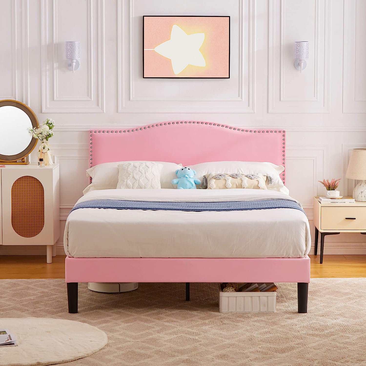 VECELO Bed Frame Platform with Upholstered Headboard & Wooden Slats Support - VECELO