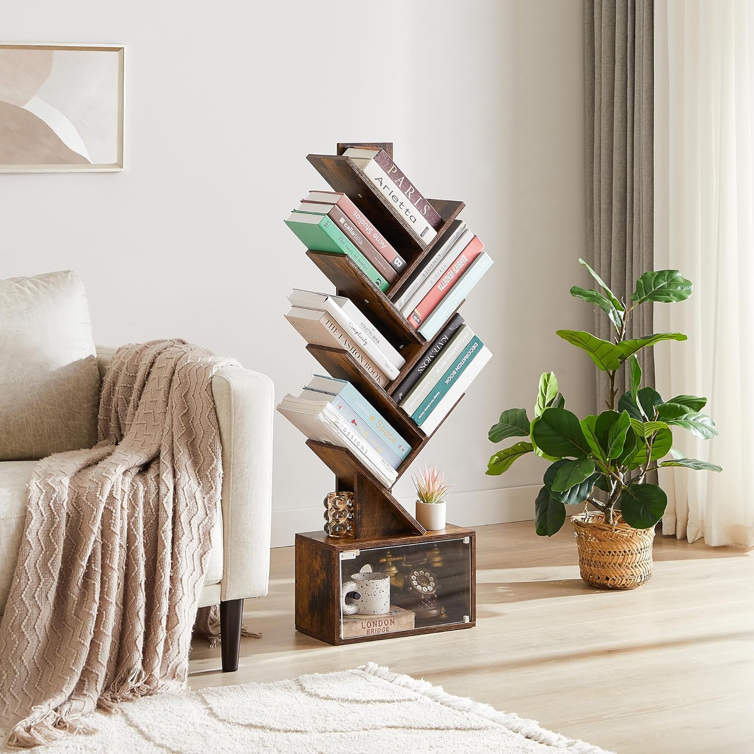 VECELO Tree Bookshelf, 7-Tier Tree Bookcase Wood Shelves Display with Storage Cabinet - VECELO
