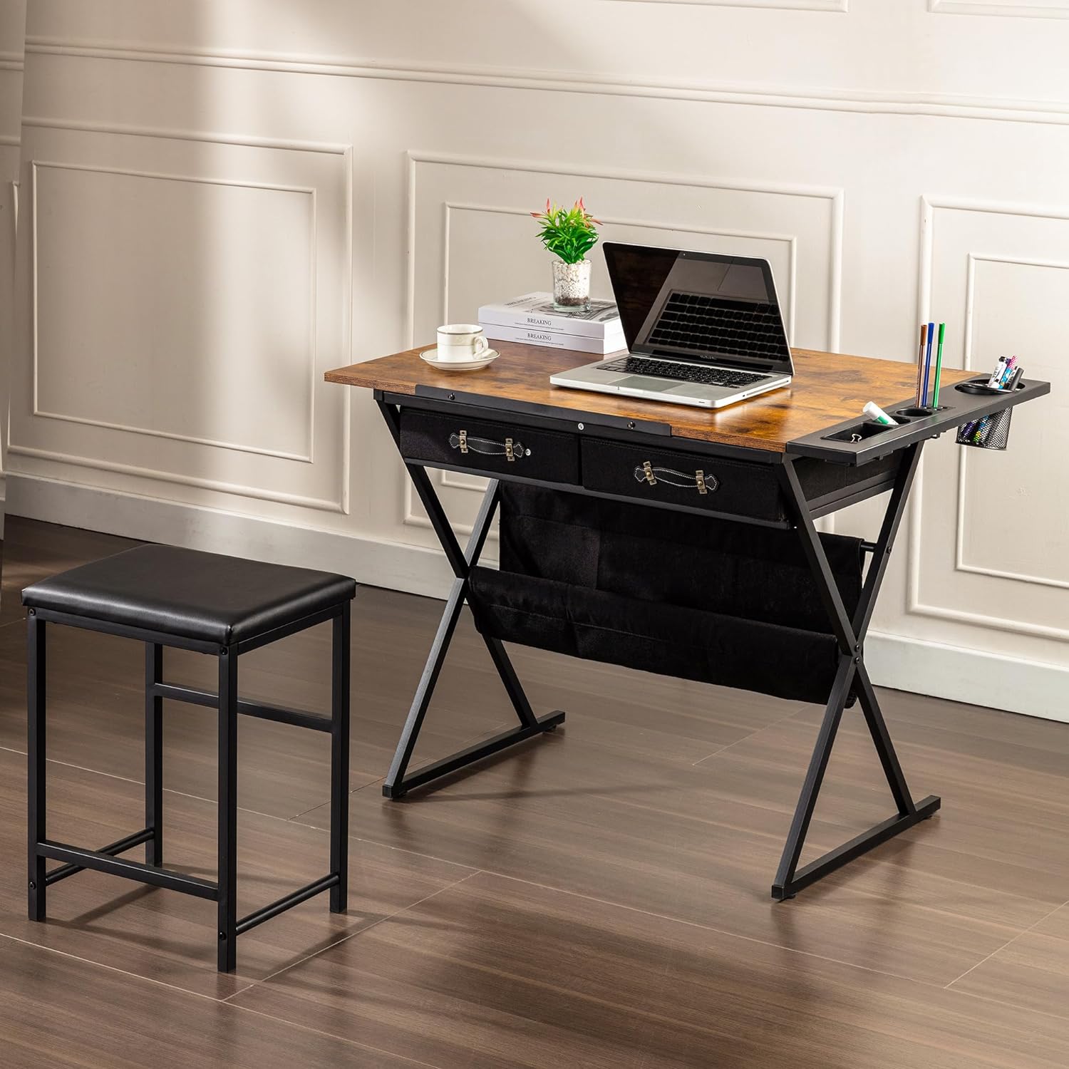 VECELO Drafting Table Adjustable Desk Tilted Tabletop with 2 Storage Drawers and Stool - VECELO