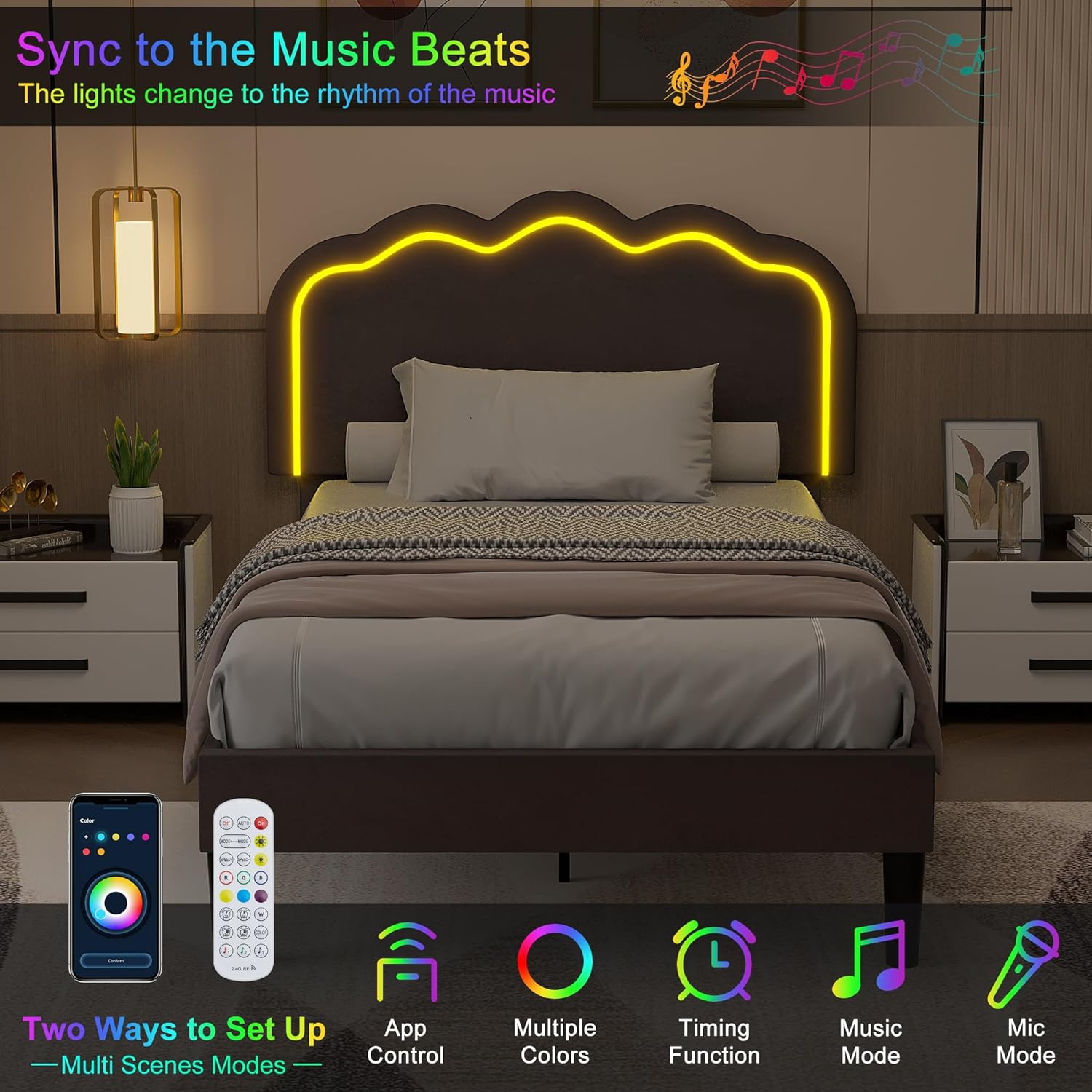 VECELO Upholstered Velvet Platform Bed Frame with Headboard Adjustable, LED Lights, USB-A & Type-C - VECELO