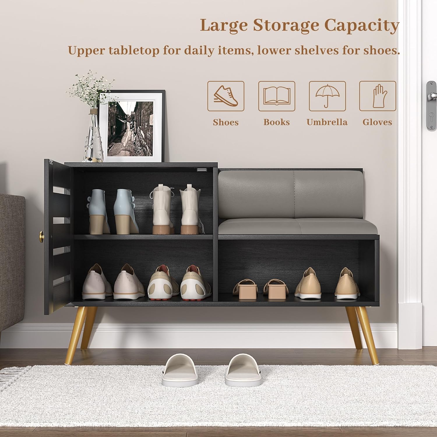 VECELO Entryway Bench with Storage Shoe Cabinet & Adjustable Shelf Louvered Door Removable PU Seat Cushion and Backrest