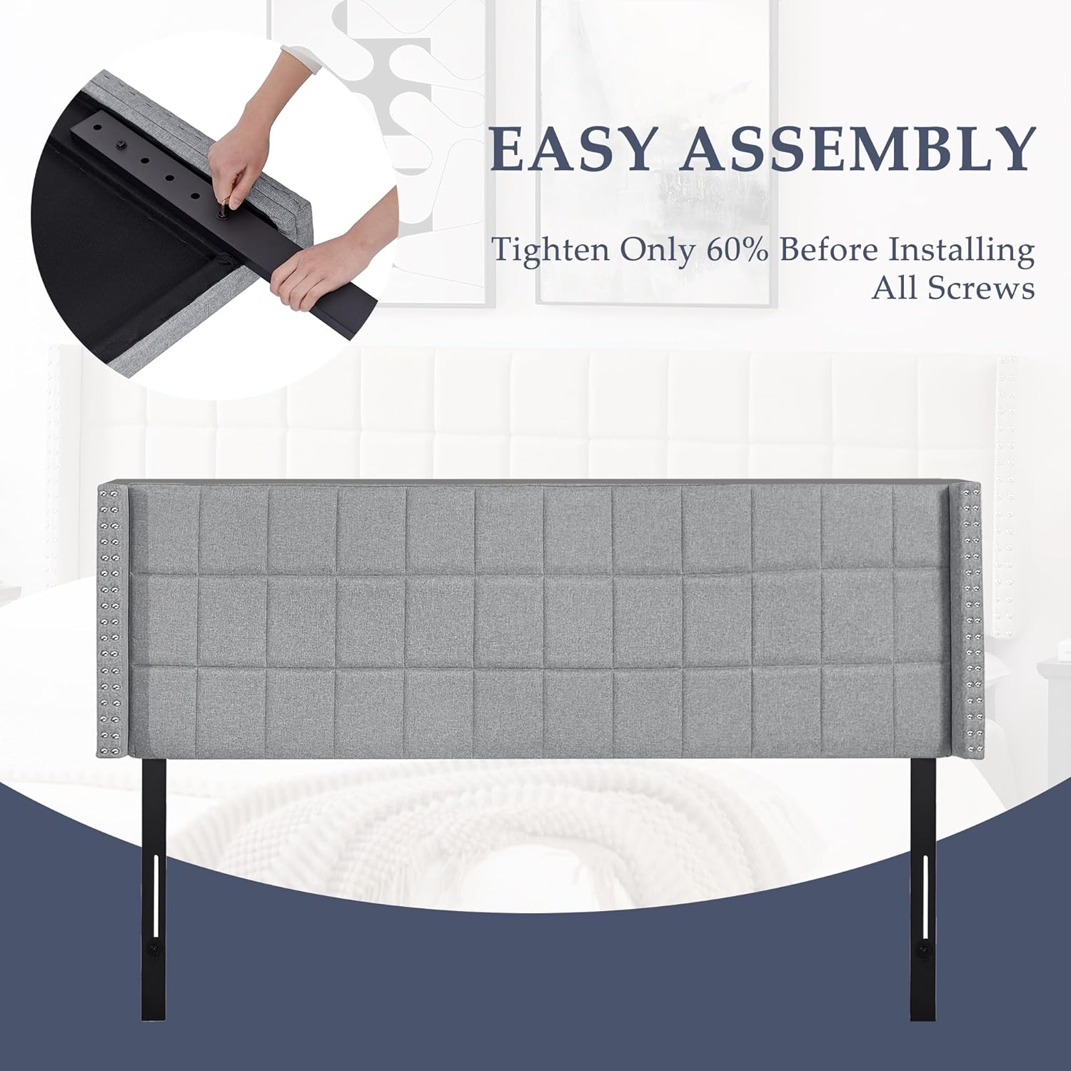 VECELO Linen Upholstered Headboard for Queen/King Size Bed, Tufted Nailhead & Double Wingback for Bedroom - VECELO
