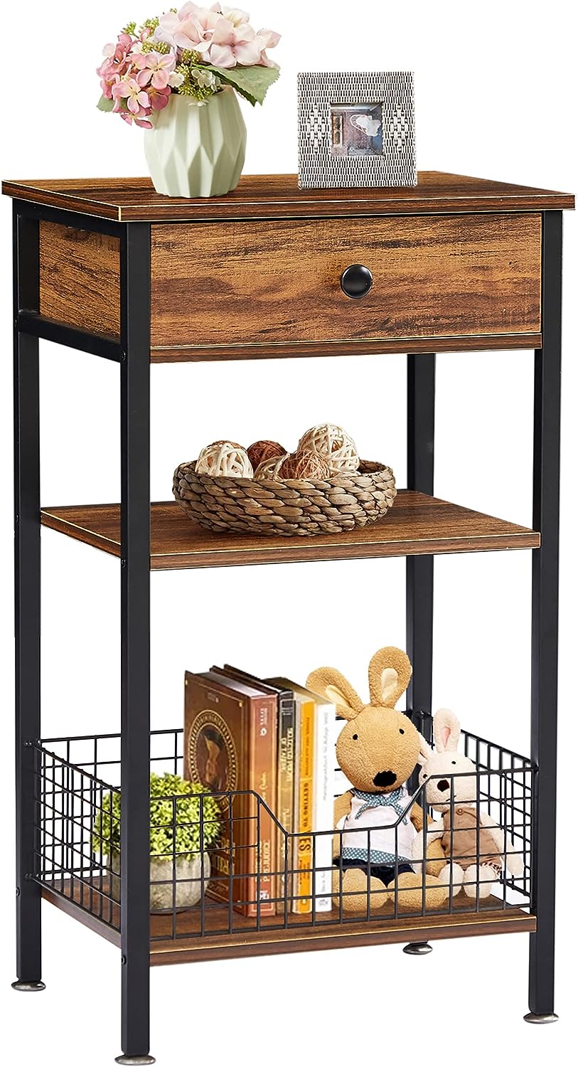 VECELO Tall Side End Tables/3-Tier Bedside Stand with Storage - VECELO