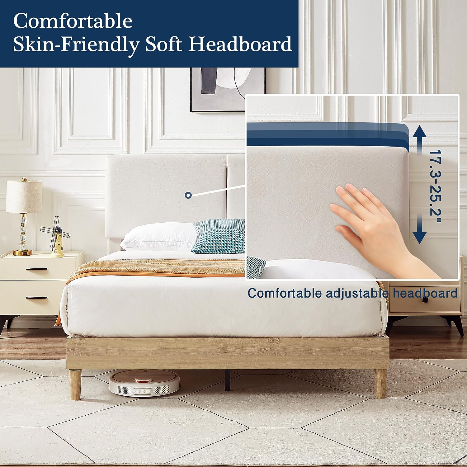 VECELO Upholstered Platform Bed Frame with Height-Adjustable Cotton and Linen Headboard - VECELO