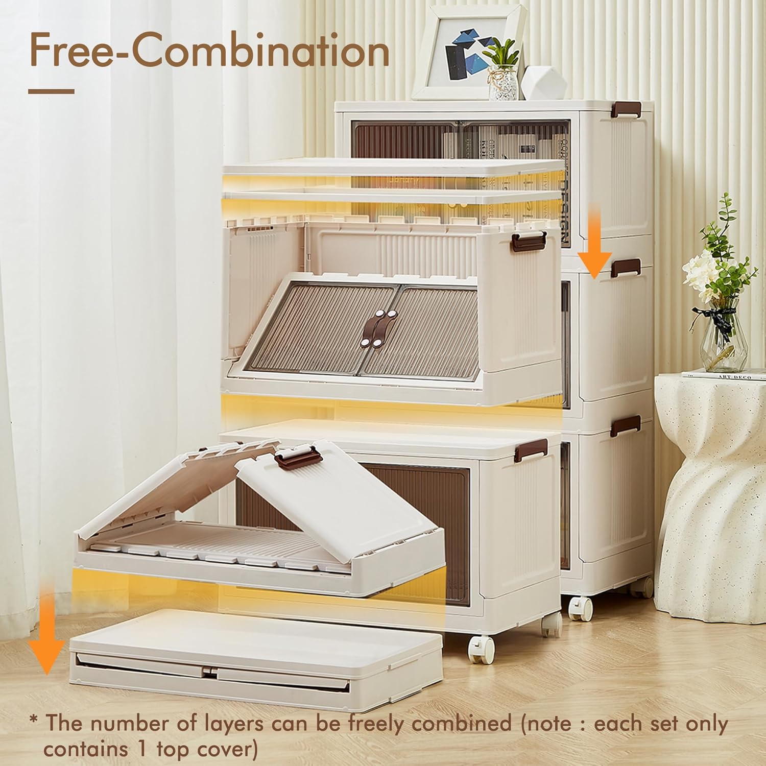 VECELO Stackable Bins with Lid, Plastic Collapsible Cabinet Foldable Folding Box Organizer/Storage Container Cart - VECELO