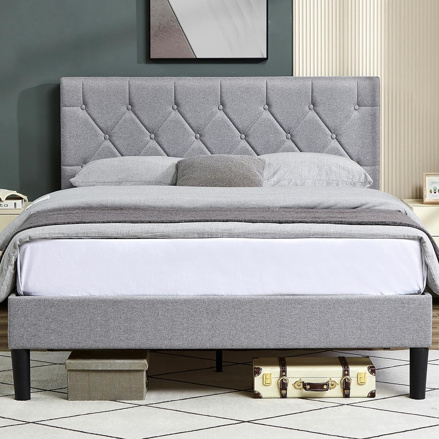 VECELO Bed Frame, Upholstered Platform with Adjustable Diamond Tufted Headboard - VECELO