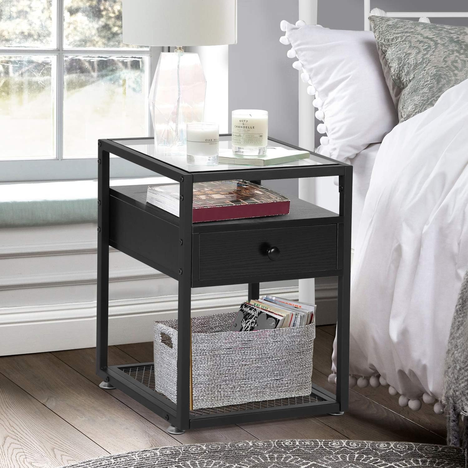VECELO Nightstands,Glass Top End Tables with Drawer and Shelf - VECELO