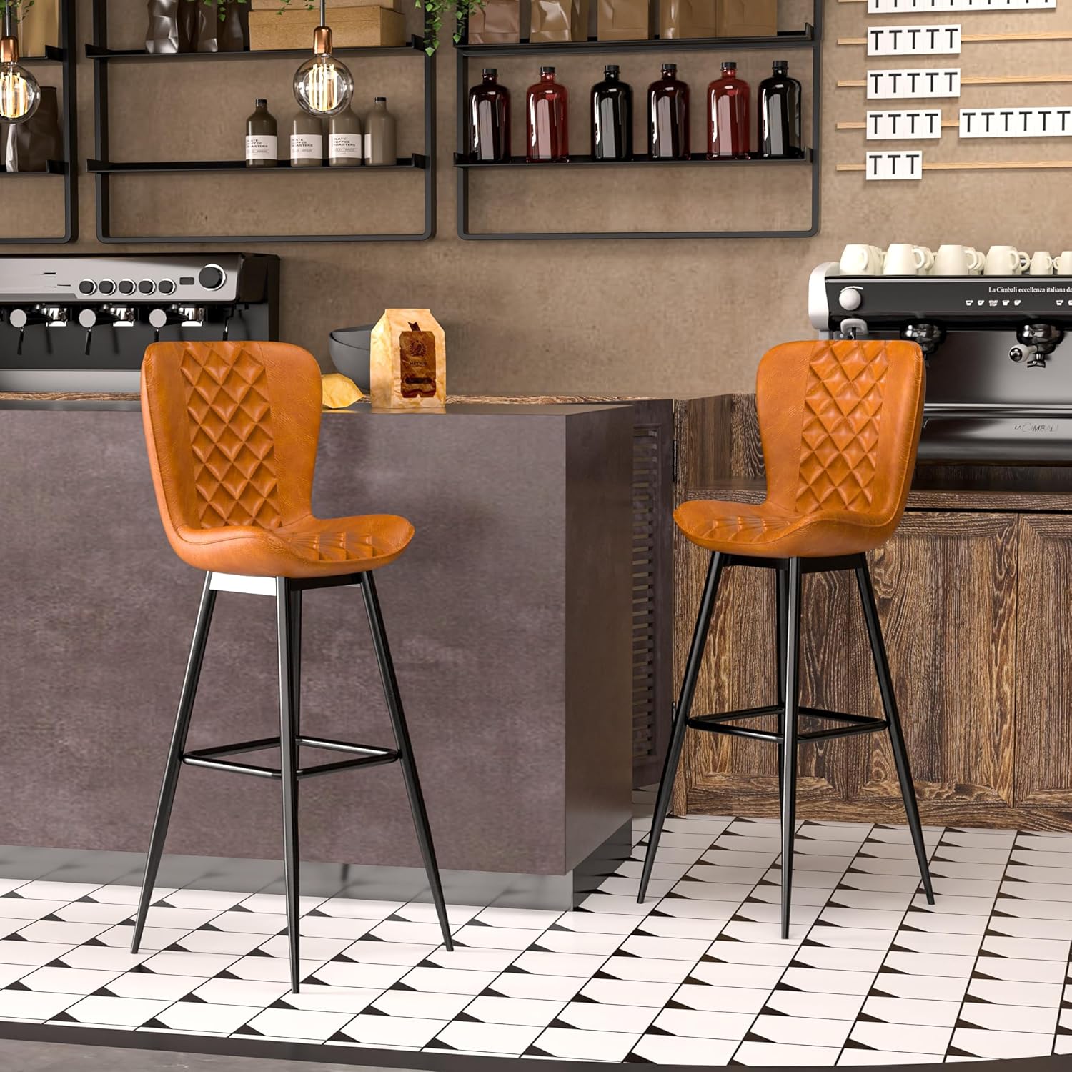 VECELO Quilted Bar Stools Set of 2, Bar Height Bar Stools with Back & Footrest - VECELO