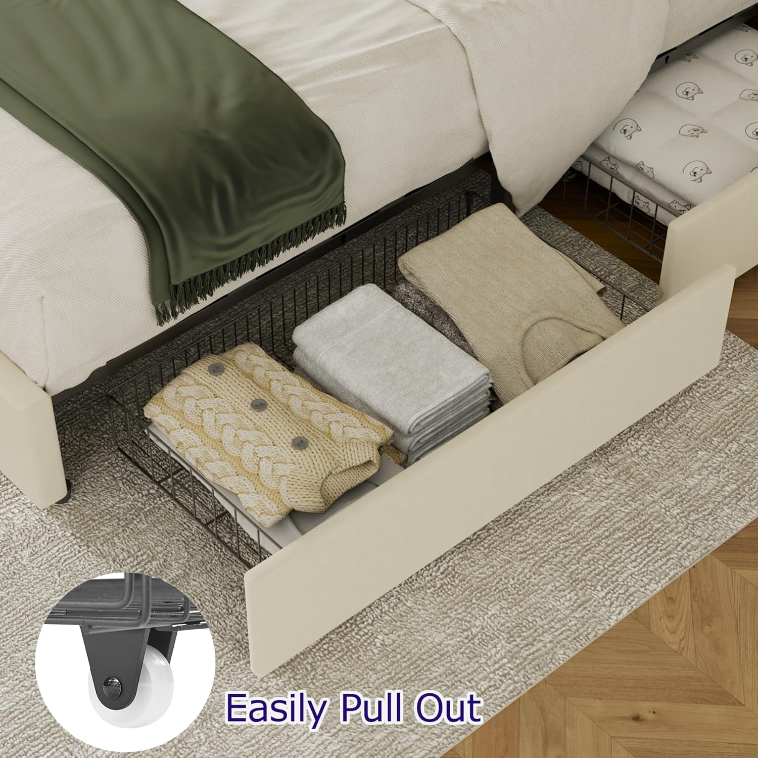 VECELO Upholstered Bed Frame with 4 Storage Drawers and Adjustable Velvet Headboard - VECELO