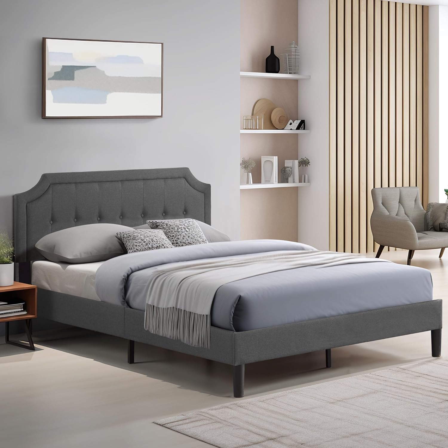 VECELO Premium Upholstered Platform Bed Diamond Stitched Panel Headboard - VECELO