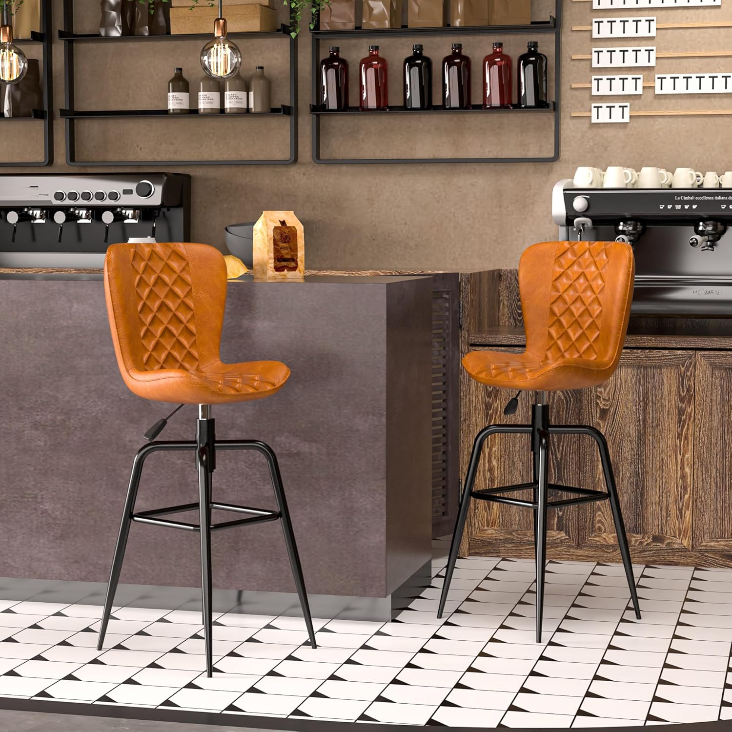 VECELO Quilted Bar Stools Set of 2, Adjustable Bar Height Swivel Bar Stools with Back - VECELO