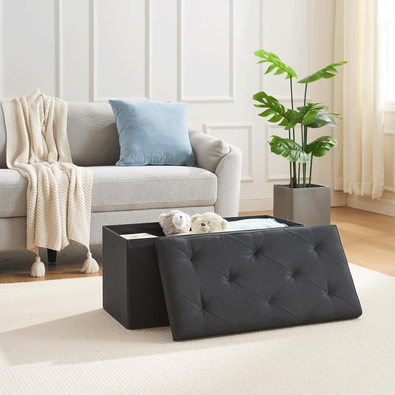 VECELO Folding Storage Ottoman Bench, Storage Chest, Linen Fabric - VECELO