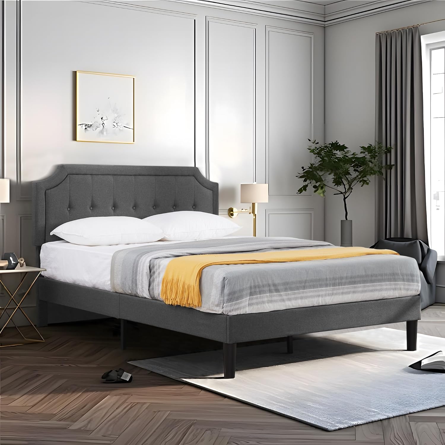 VECELO Premium Upholstered Platform Bed Diamond Stitched Panel Headboard - VECELO