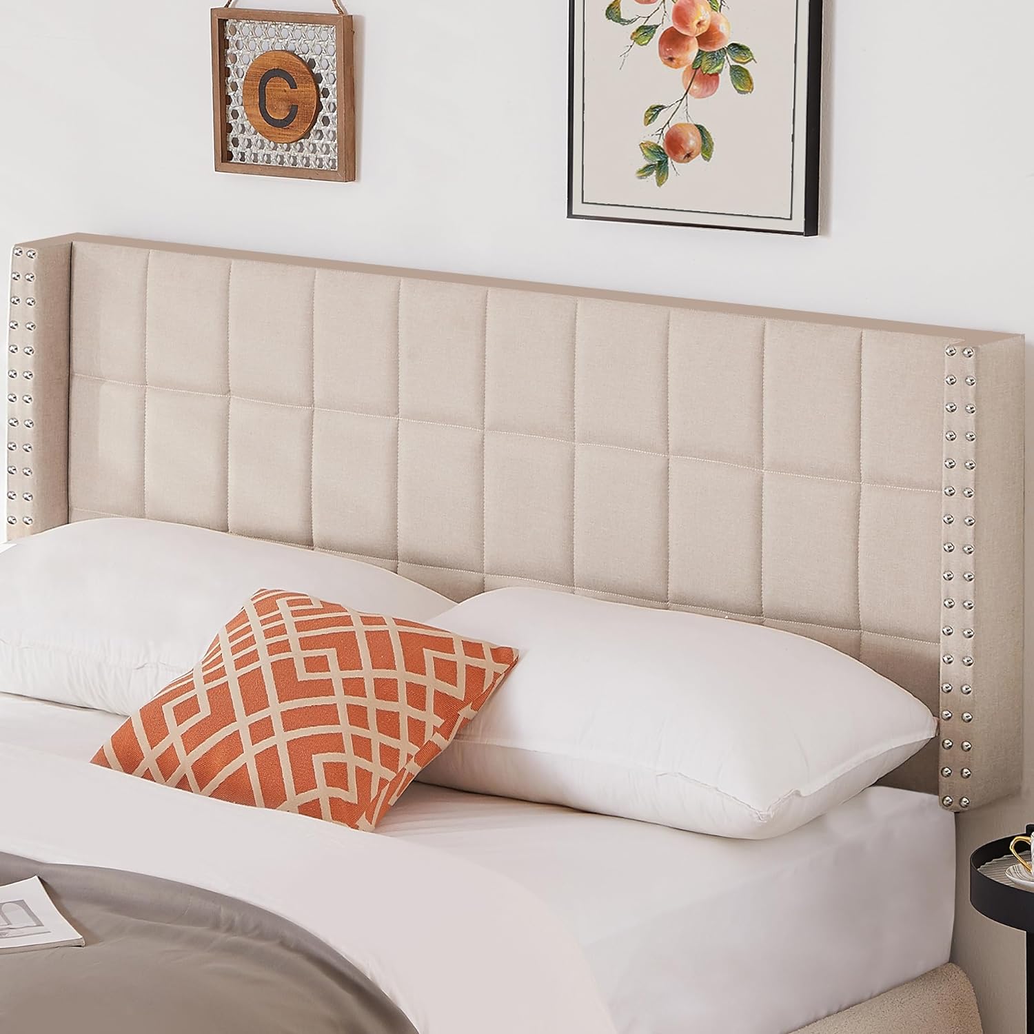 VECELO Linen Upholstered Headboard for Queen/King Size Bed, Tufted Nailhead & Double Wingback for Bedroom - VECELO