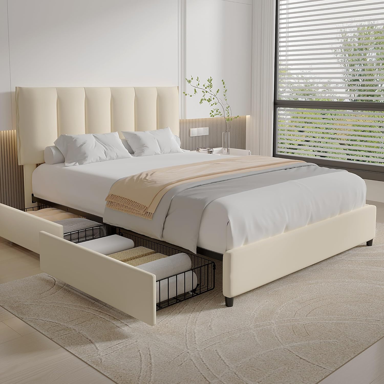 VECELO Upholstered Bed Frame with 4 Storage Drawers and Adjustable Velvet Headboard - VECELO