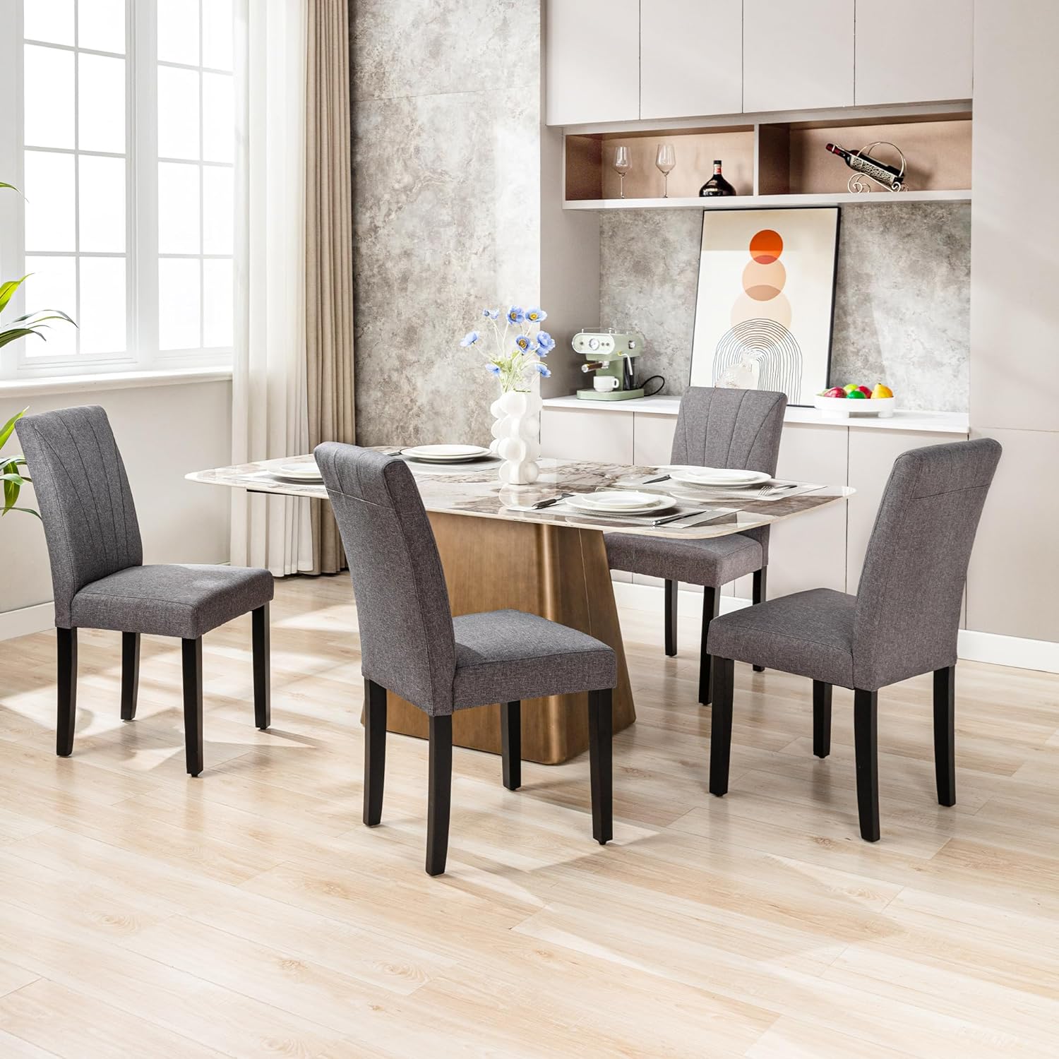 VECELO Set of 2 Upholstered Dining Chairs, Modern Fabric and Solid Wood Legs & High Back - VECELO