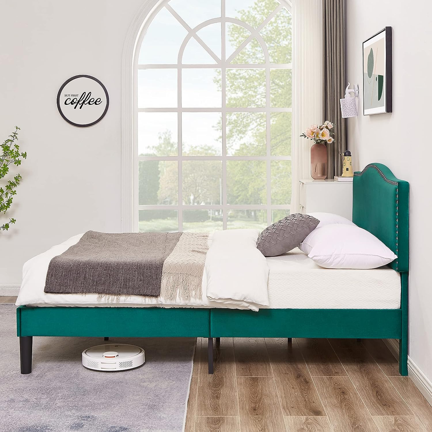 VECELO Bed Frame Platform with Upholstered Headboard & Wooden Slats Support - VECELO