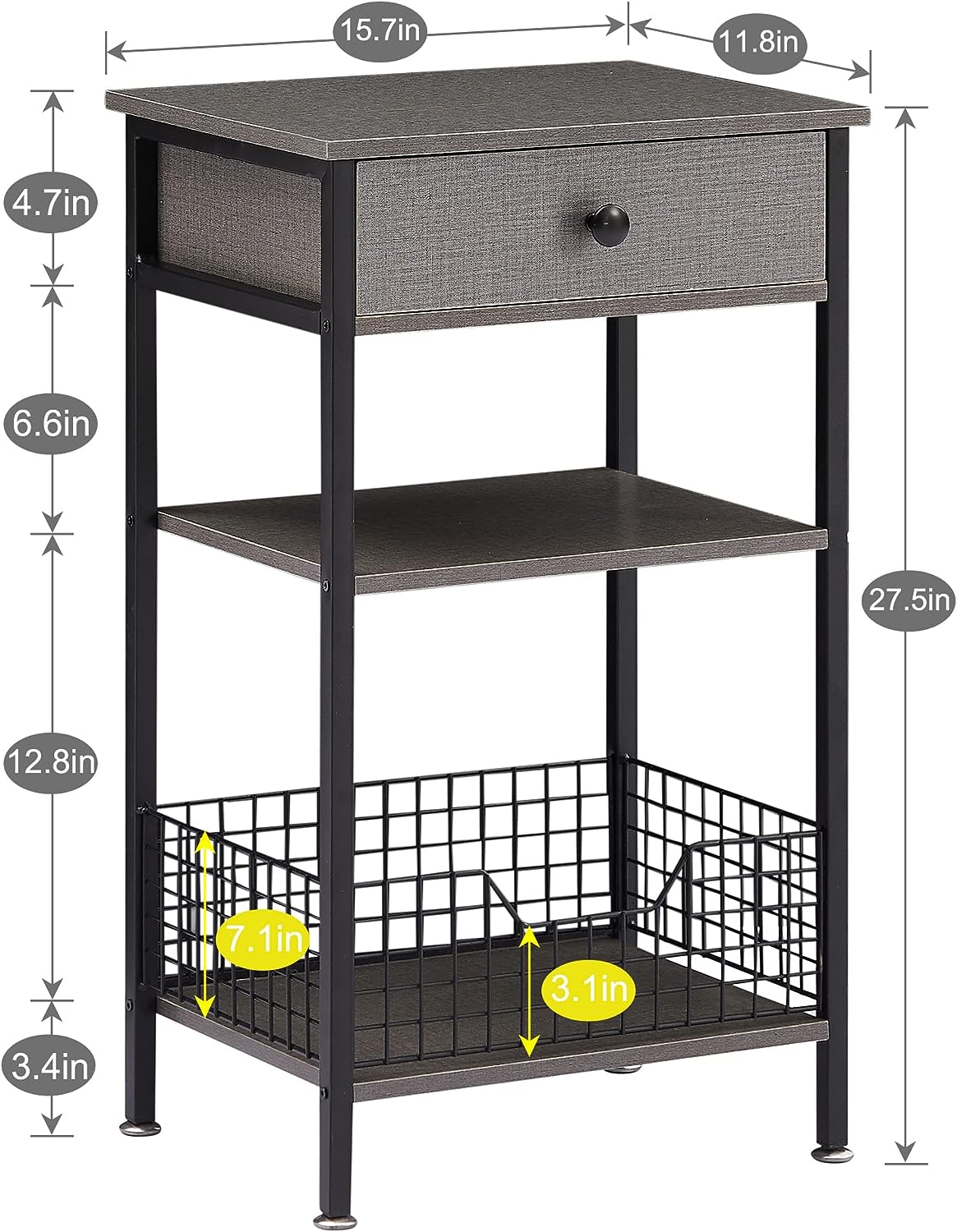 VECELO Tall Side End Tables/3-Tier Bedside Stand with Storage - VECELO