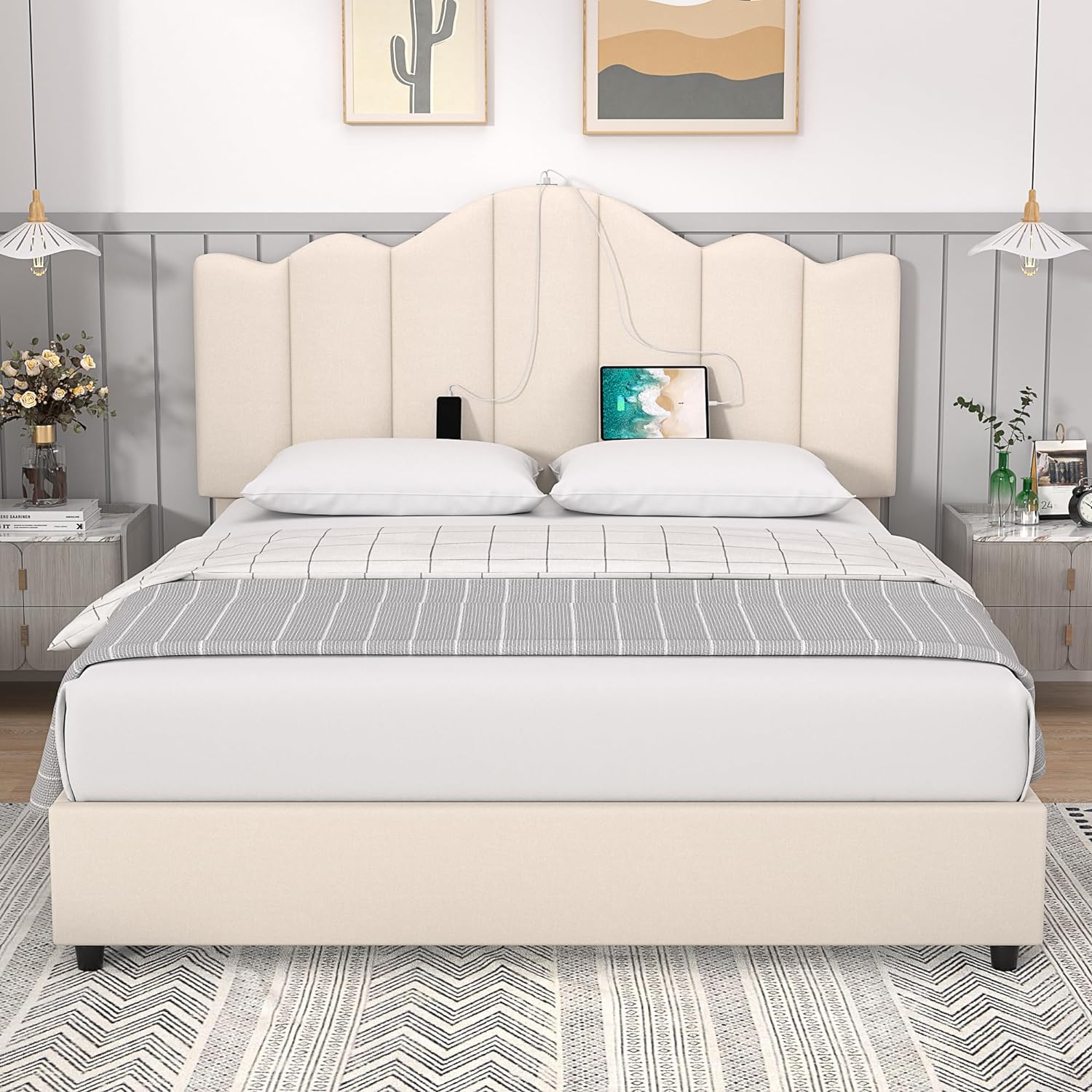 VECELO Upholstered Platform Bed Frame with Type-C & USB Charging Stations - VECELO